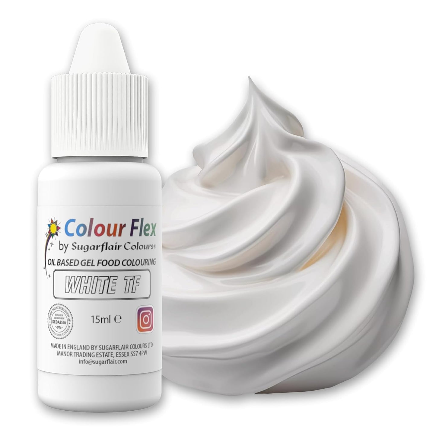 Sugarflair Colourflex hvid oliebaseret fødevarefarve, højkoncentreret flydende fødevarefarve, madfarve til smørcreme, chokolade, dej, fondant, glasur og mere - 15 ml