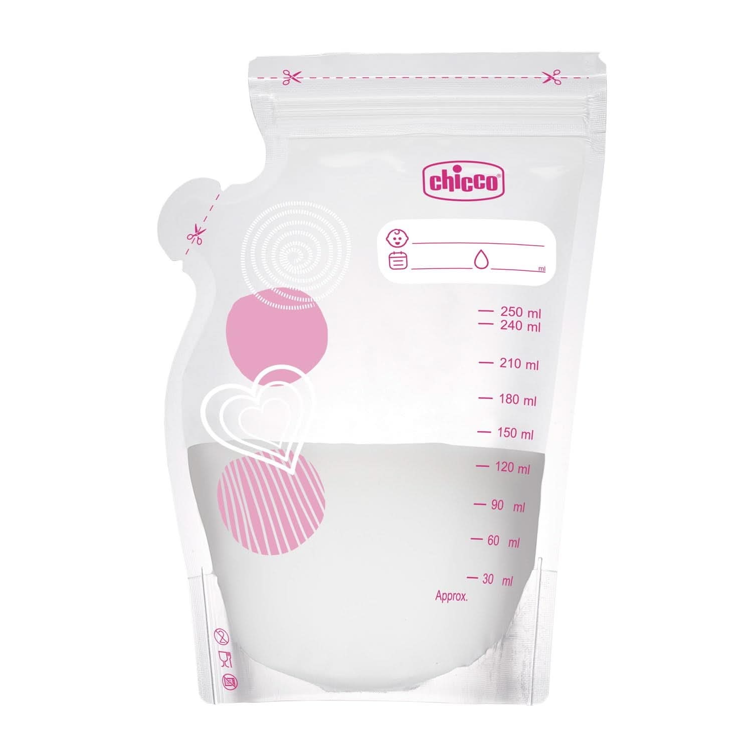 Chicco mælkepose med 30 stykker, Lækagesikker, 250 ml Tilbehør Mad og Amning Bebe Naty Shop