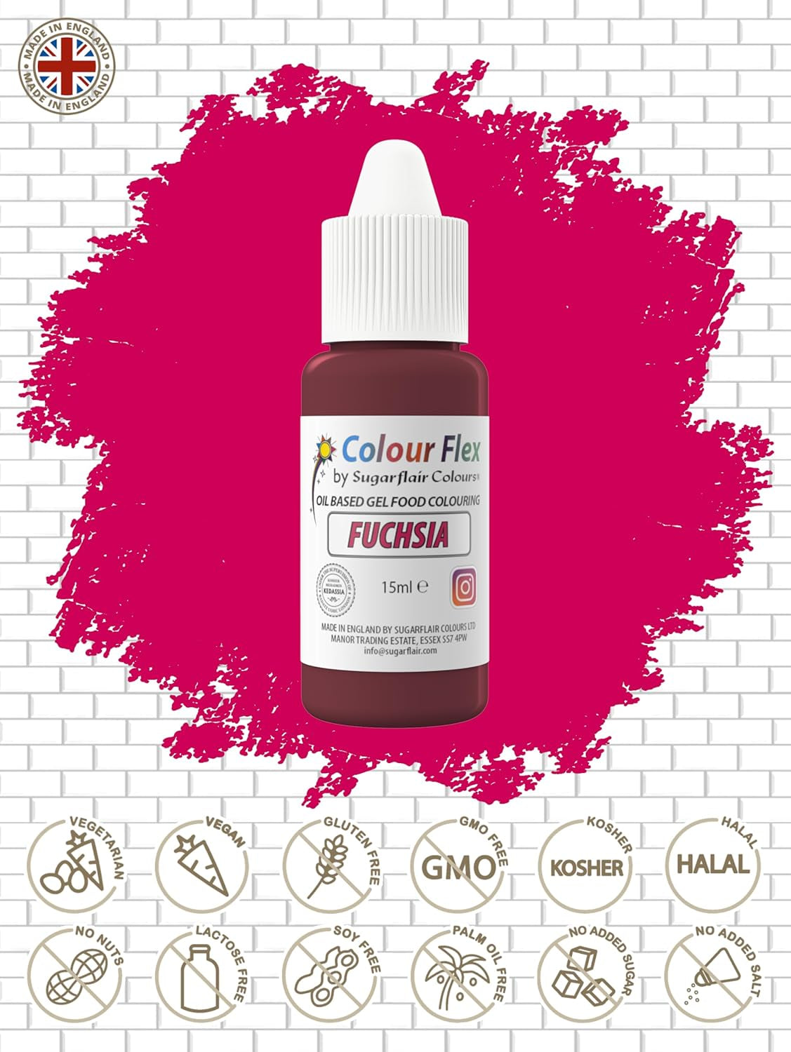 Sugarflair Colourflex Fuchsia oliebaseret fødevarefarve, højkoncentreret flydende fødevarefarve, madfarve til smørcreme, chokolade, dej, fondant, glasur og mere - 15 ml