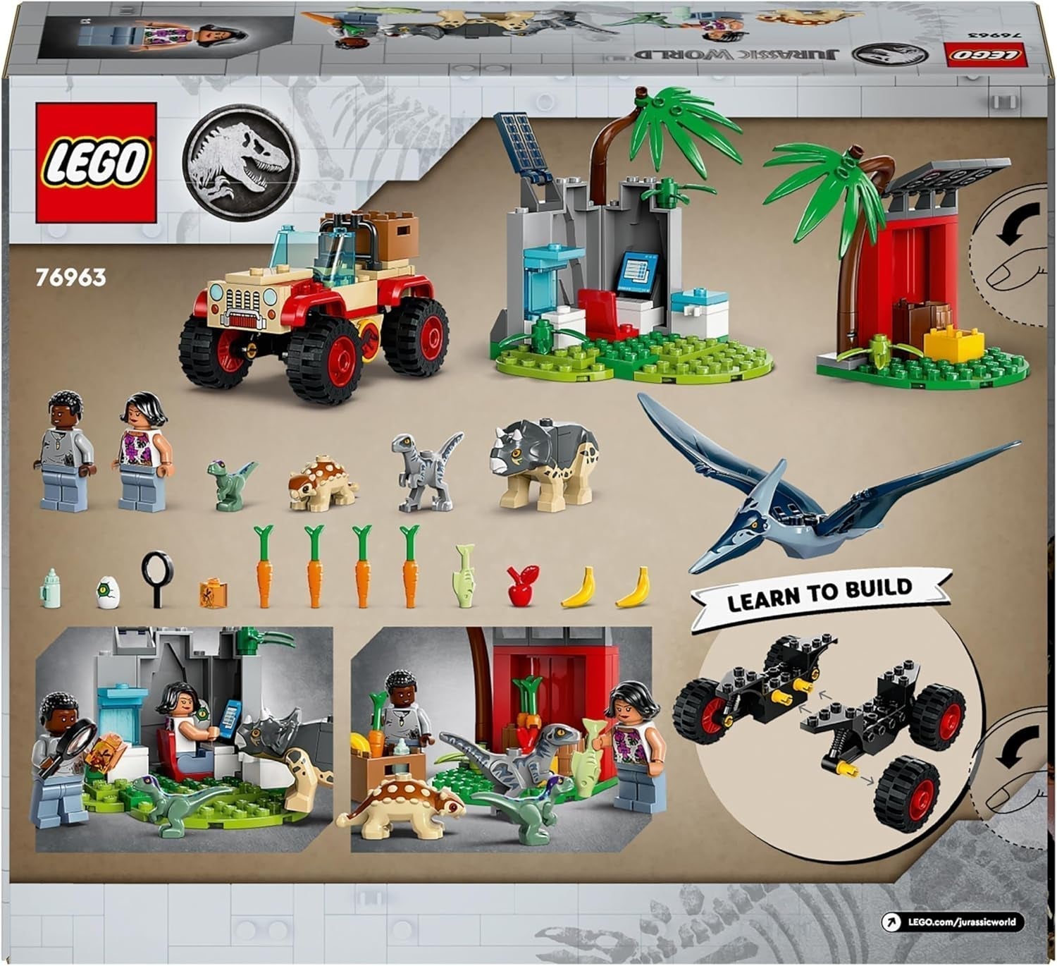 LEGO Jurassic World Rescue Center for Baby Dinosaurer, sæt med små dinosaurfigurer inklusive Triceratops, Ankylosaurus og Velociraptor, byggegave til drenge og piger fra 4 år 76963 Byggesæt Besuche den LEGO-Store