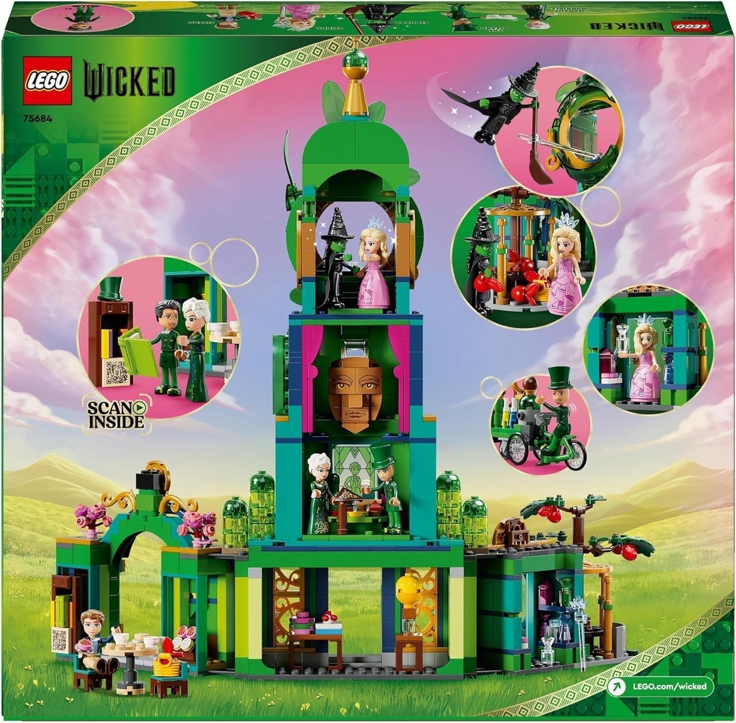 LEGO Wicked Velkommen til Emerald City tårnlegetøj, Glinda og Elphaba minidukker, gave til filmfans og piger og drenge fra 9 år, der elsker dukkehuse 75684 Byggesæt Besuche den LEGO-Store