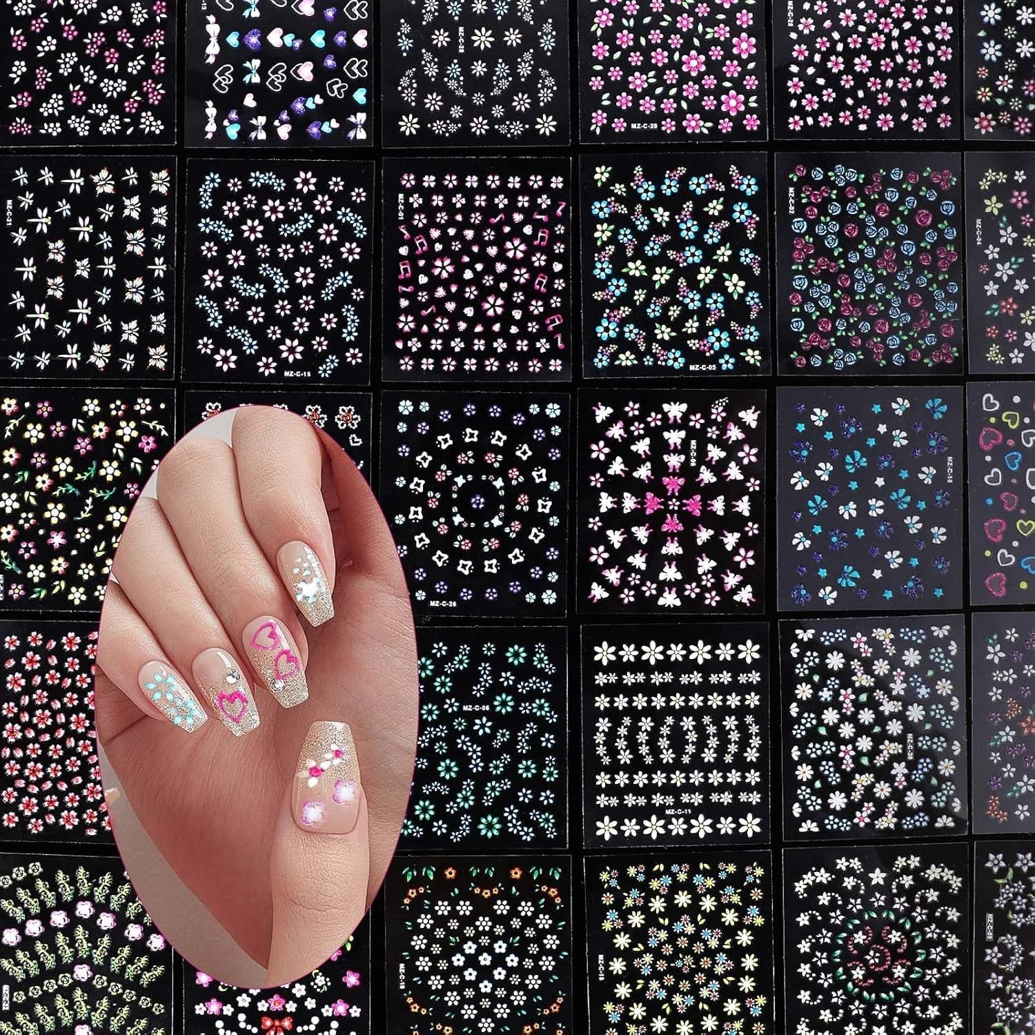 3D Nagelsticker 30 Blatt Nagelsticker Selbstklebend Blumen Blumenherzform Nageldesign Nagelsticker Nageldesign Tilbehør Nagelaufkleber Für DIY Dekoration, Maniküre, Handyhüllen