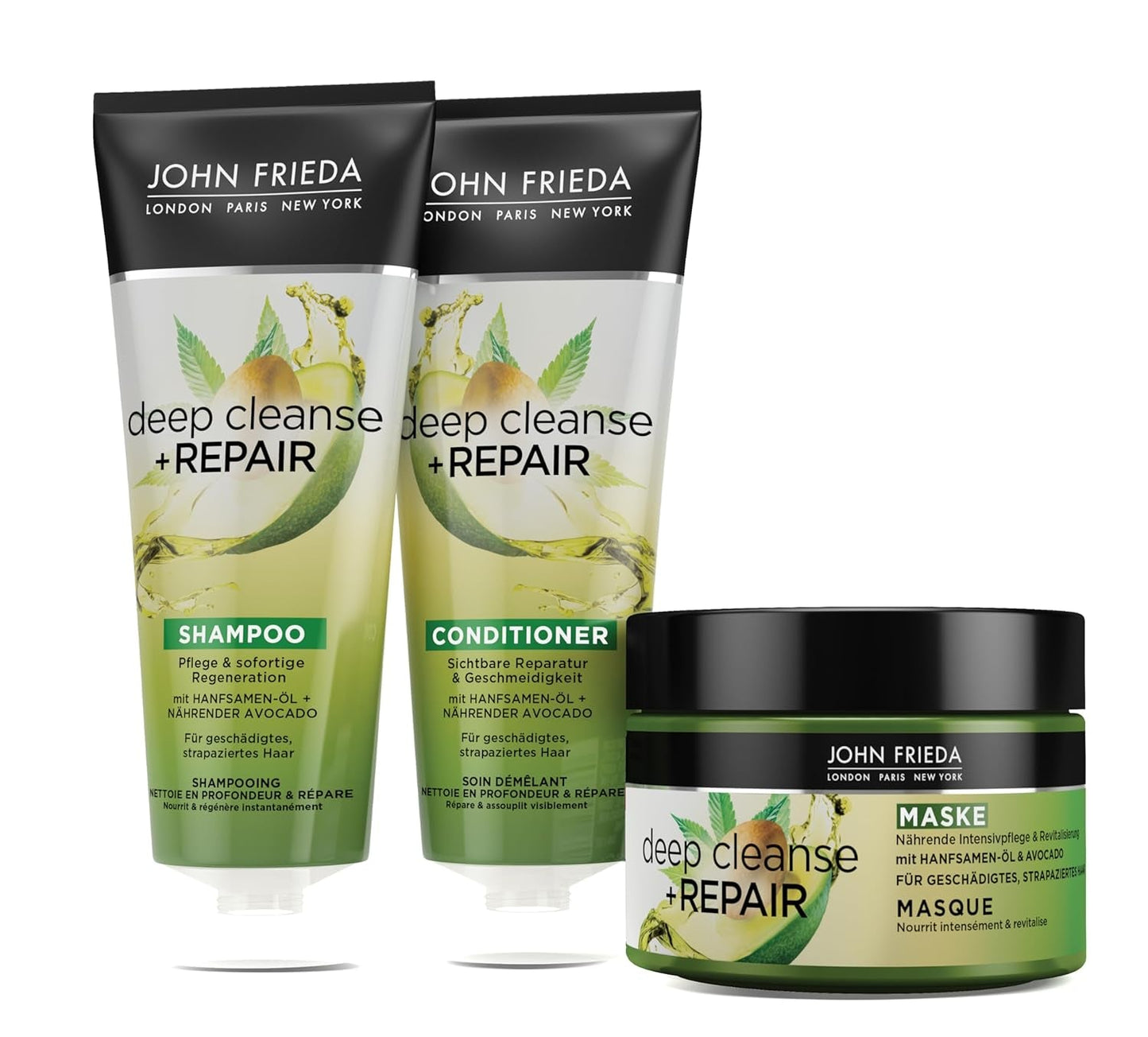 John Frieda - Deep Cleanse & Repair Mask / Treatment - Indhold: 250 ml - Med hampfrøolie + nærende avocado - Beroligende hårmaske til beskadiget hår Naty Shop hårmaske