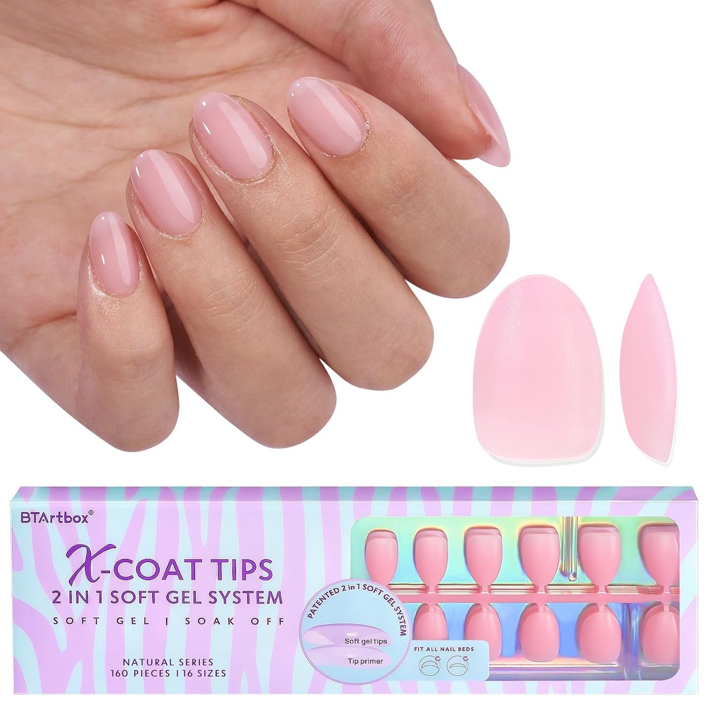 Btartbox Extra Short Soft Gel Negle Fulddækning Mandel Korte neglespidser 160 stk. Præ-designede XCOATTIPS kunstige negle Mandelkorte neglespidser til negleforlængelser