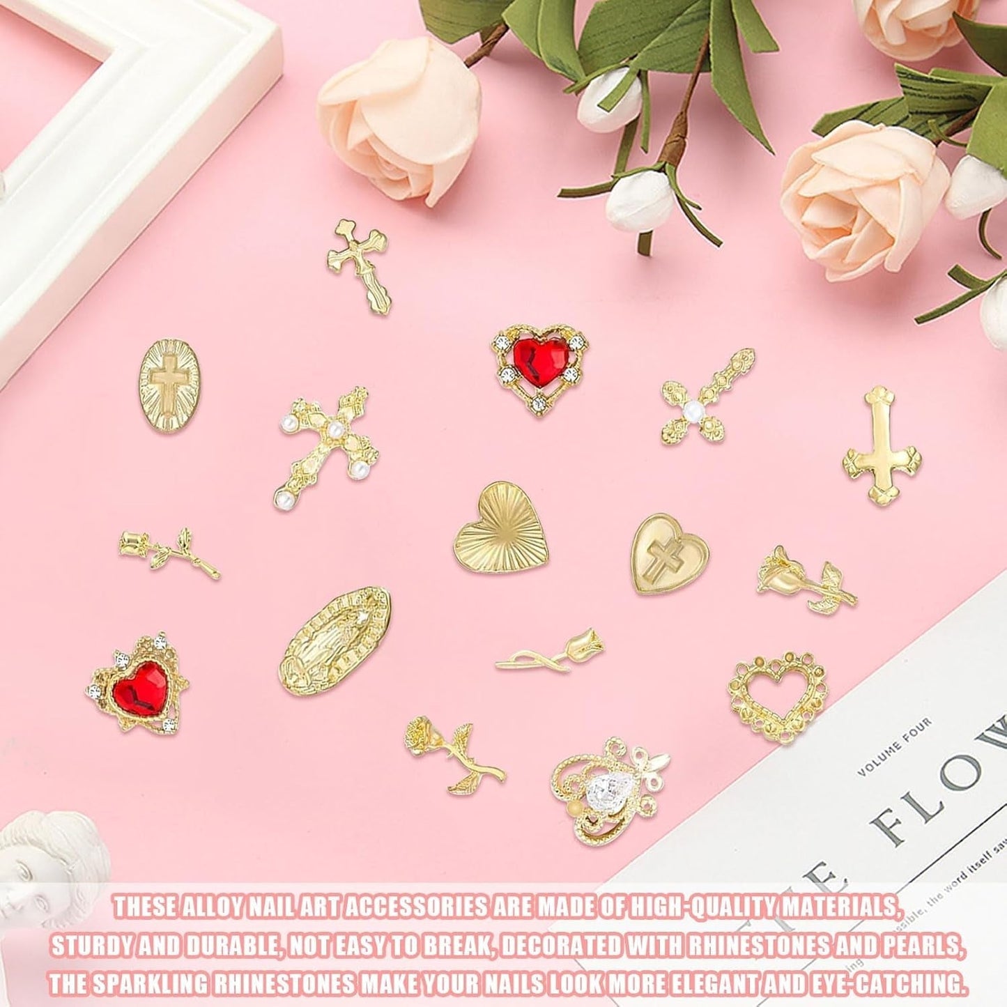 Guld Nail Charms 80 stk Cross Rose Heart Virgin Mary Nail Gems Metallegering Nail Accessories til Manicure Design Dekorationer DIY Crafts