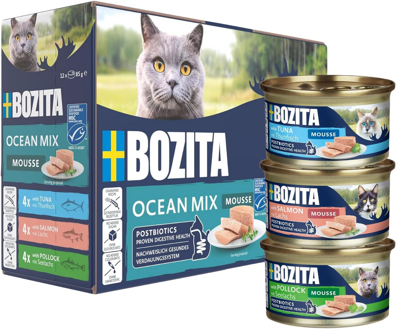 Bozita Mousse Ocean Mix - 12 x 85 g våd kattefoder med tun, laks eller gul torsk - kornfri, sukkerfri og kunstige farver - med postbiotika for en sund tarmflora