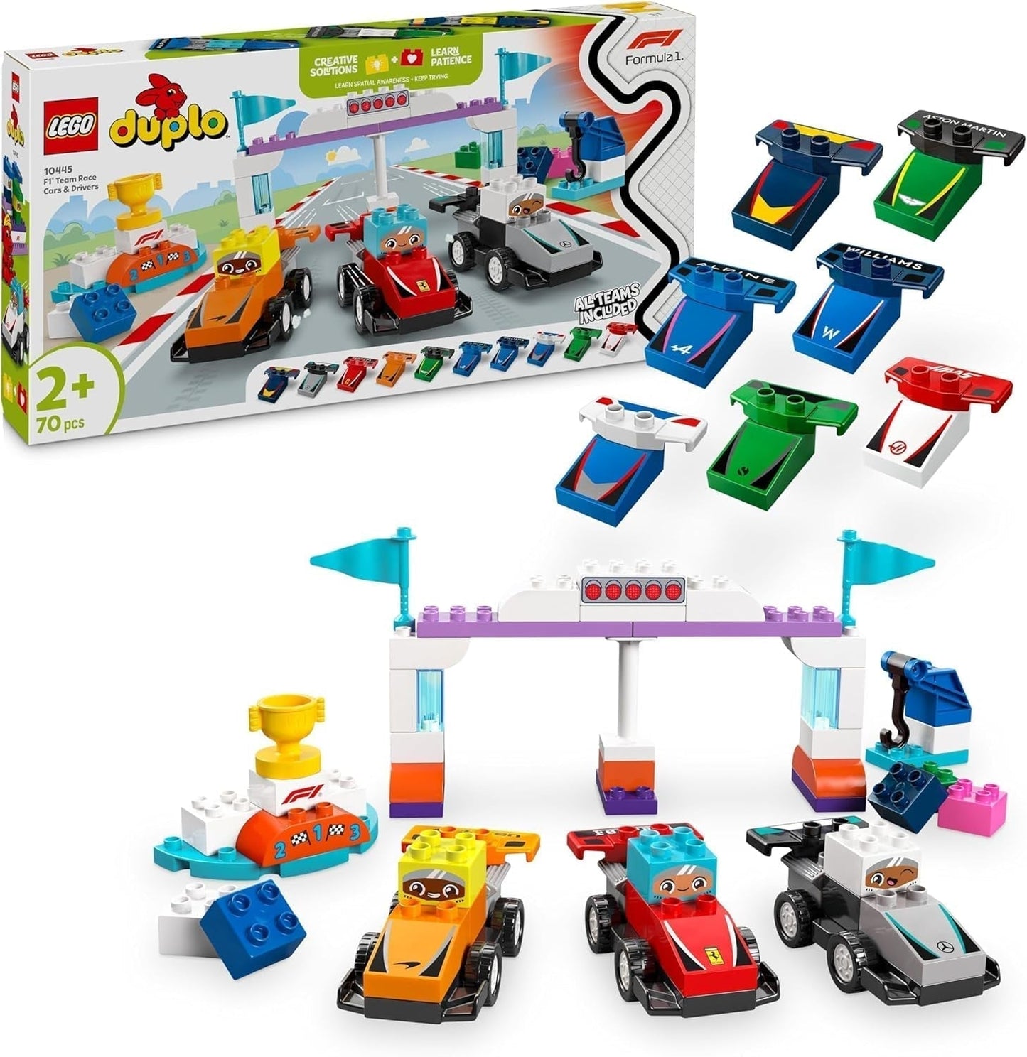 LEGO DUPLO Town F1 Team racerbiler med racerbiler, byggelegetøj for hele familien, fantasifuld legeoplevelse, fødselsdagsgave til småbørn, drenge og piger 2 år gamle 10445 byggesæt Besuche den LEGO-Store standardtitel