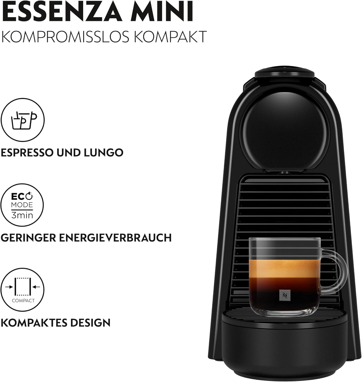 Espressomaskine med Nespresso De'Longhi Essenza Mini kapsler, sort | Pumpetryk 19 bar | Vandtank 0,6 l | Til espresso og lungo | Lille espressomaskine – Store kaffeøjeblikke | EN85.B