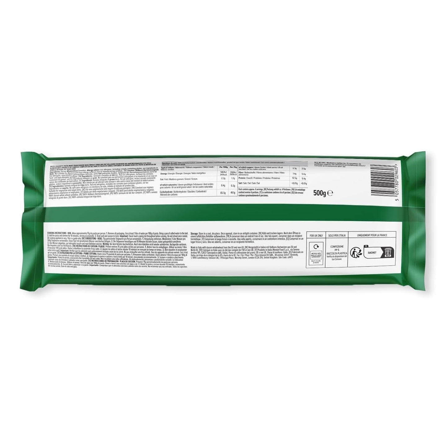 Fuld hvede spaghetti fra Amazon, 500g