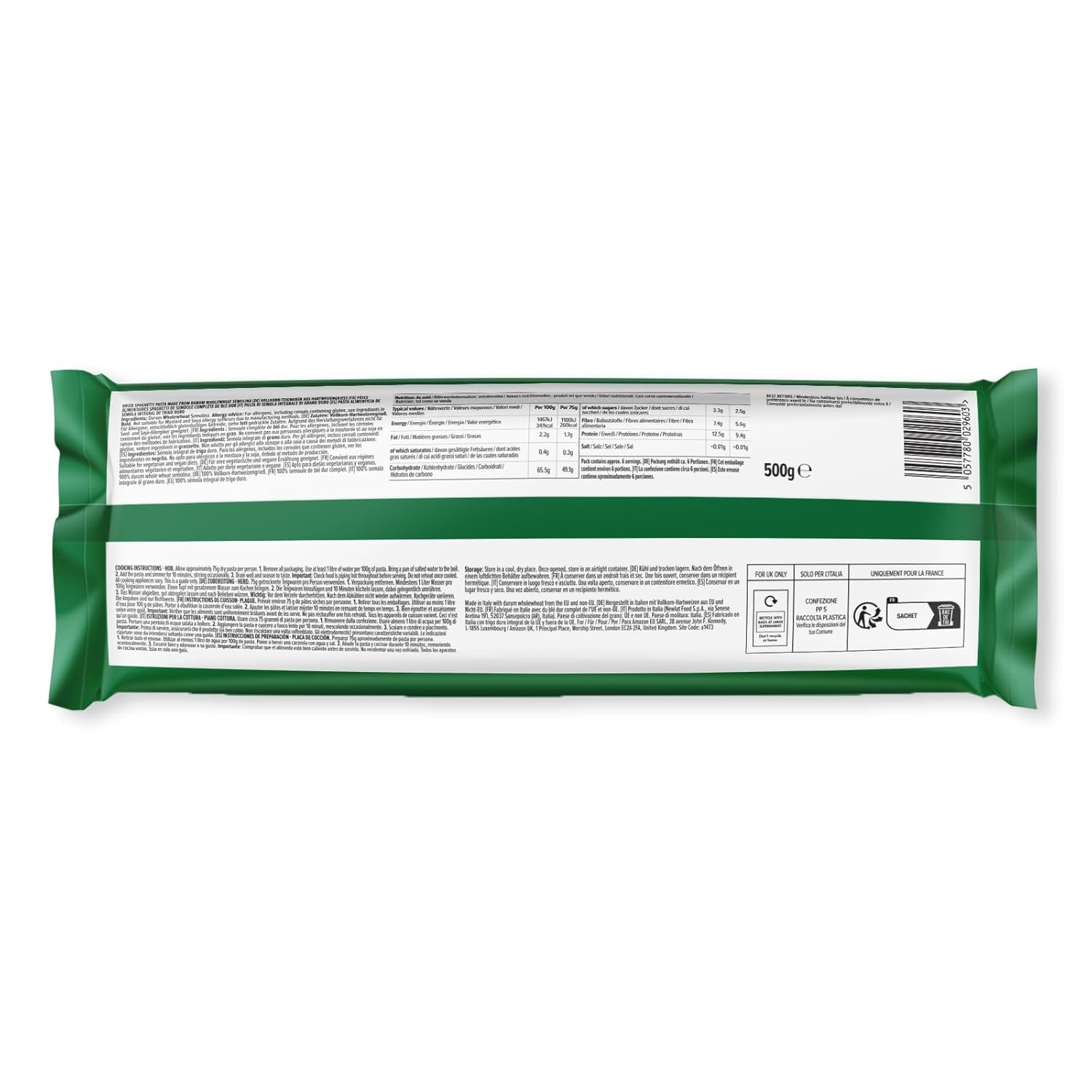 Fuld hvede spaghetti fra Amazon, 500g