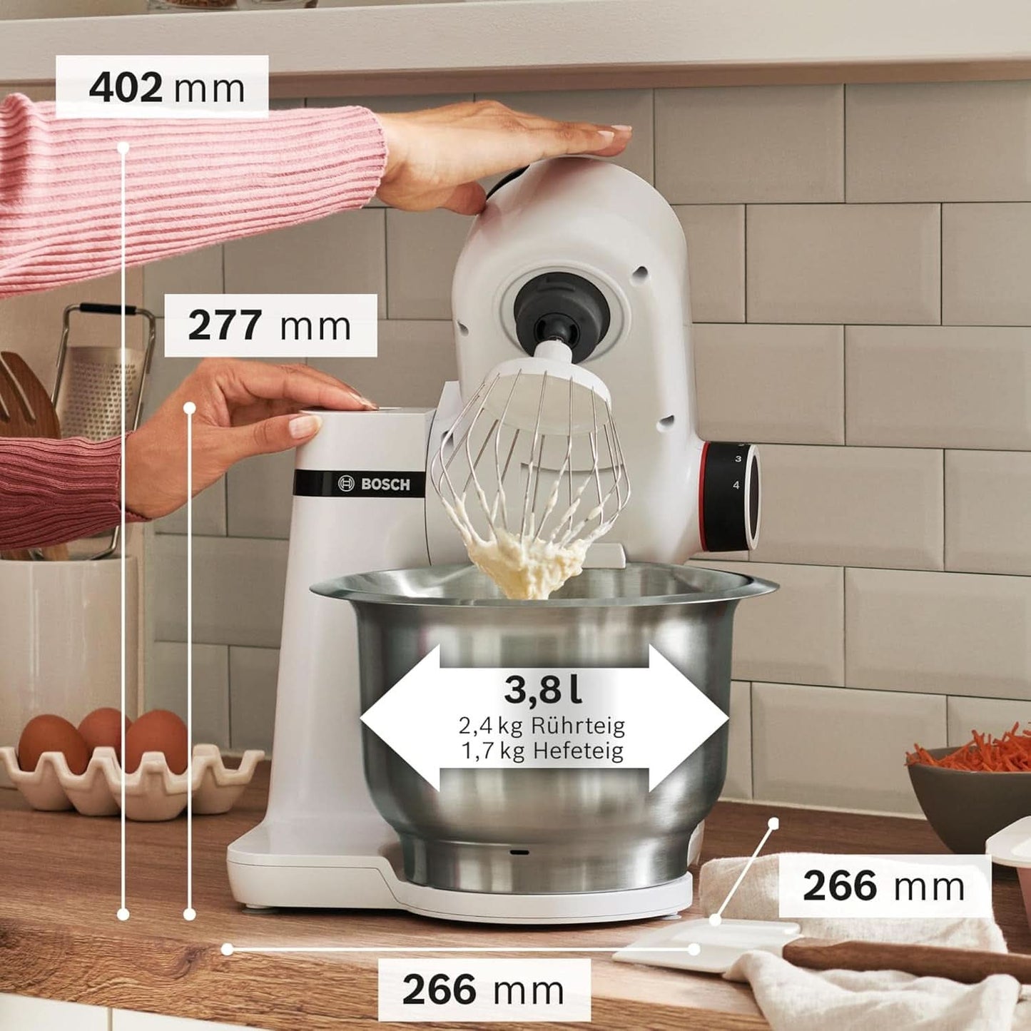 Bosch Küchenmaschine Serie 2 MUMS2EW00, Edelstahl-Schüssel 3.8 L, Planetenrührwerk, Knethaken, Schlag-, Rührbesen Edelstahl, 4 Arbeitsstufen, Durch Optionales Zubehör Erweiterbar, 700W, Weiß Kitchen Naty Shop