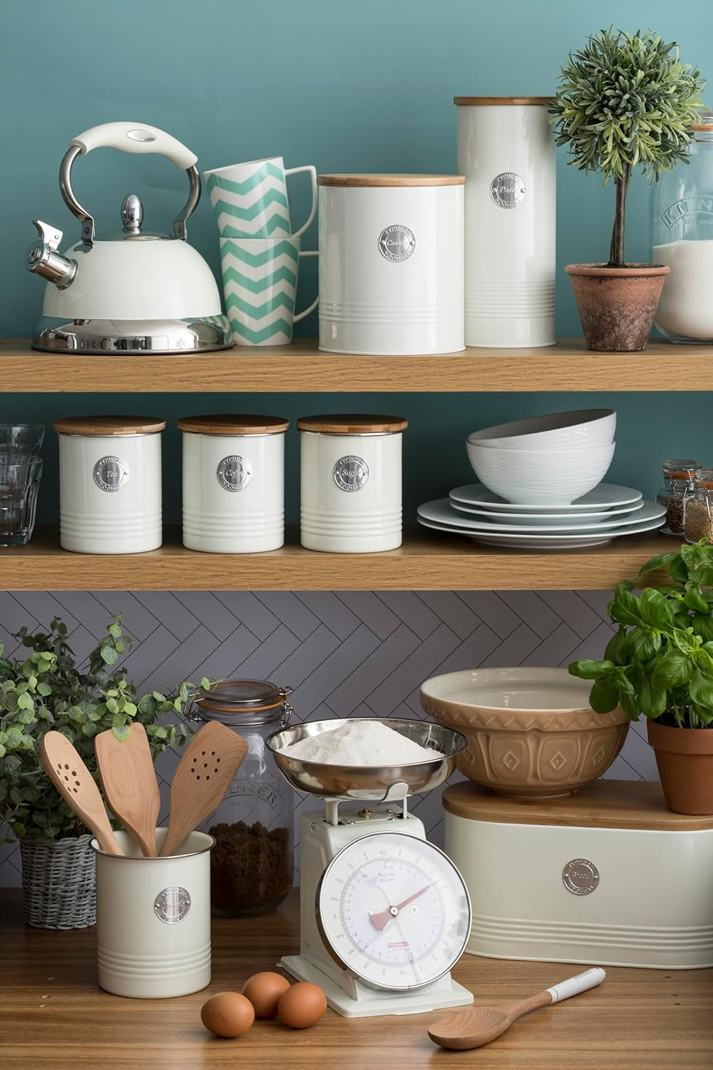 LIVING kollektion, sukkerskål med låg | creme pastel | opbevaringsboks 1 L køkken til sukker | sukkerbeholder i stål med låg | Bambus lufttætte opbevaringskrukker med låg Naty Shop madopbevaringsbokse
