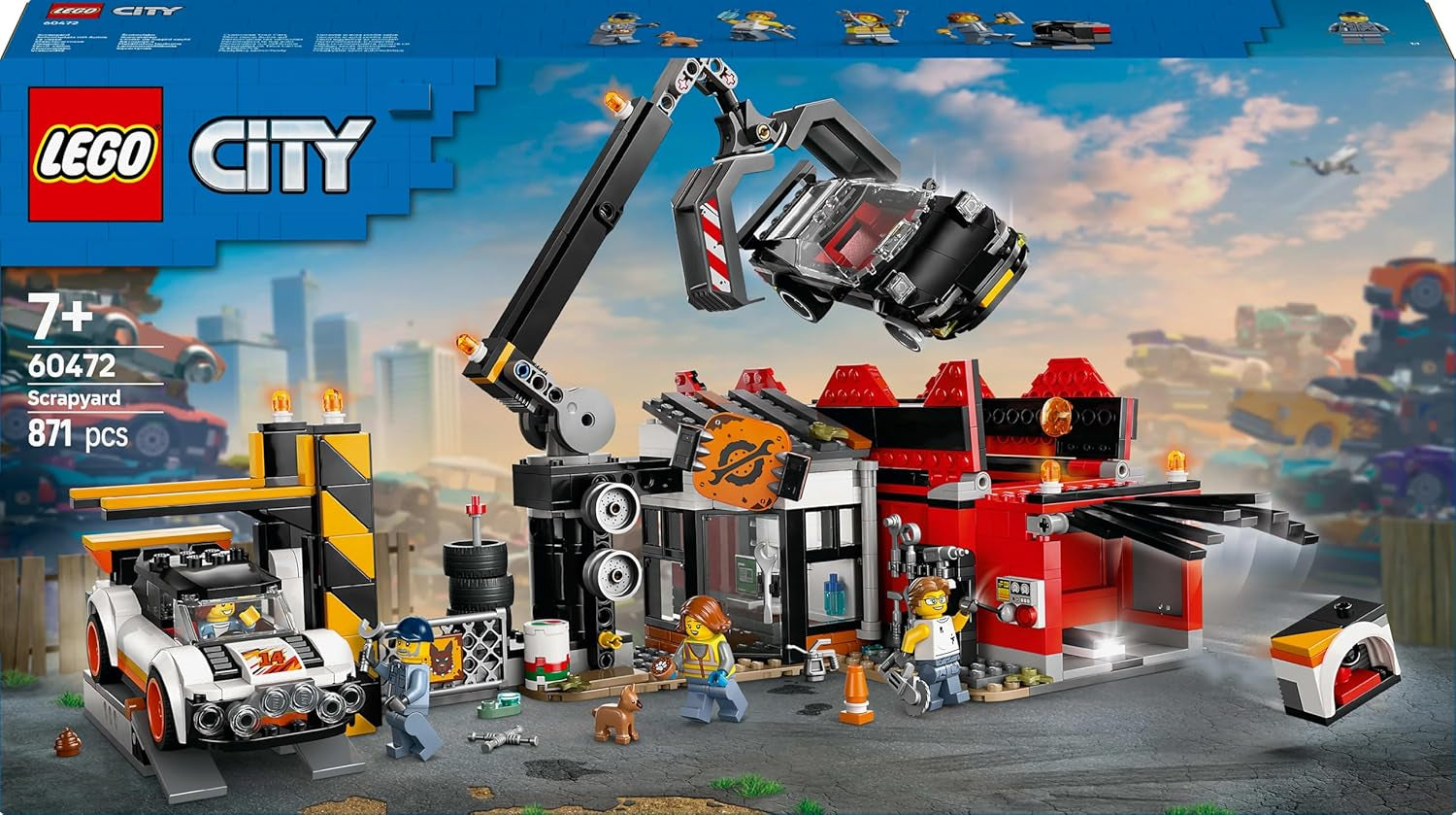 LEGO City skrotplads med biler - legetøj med skrotpresse og kran, 2 legetøjsbiler, 4 fungerende minifigurer og kontorbygning - fødselsdagsgaver til drenge og piger fra 8 år 60472 Besuche den LEGO-Store byggesæt