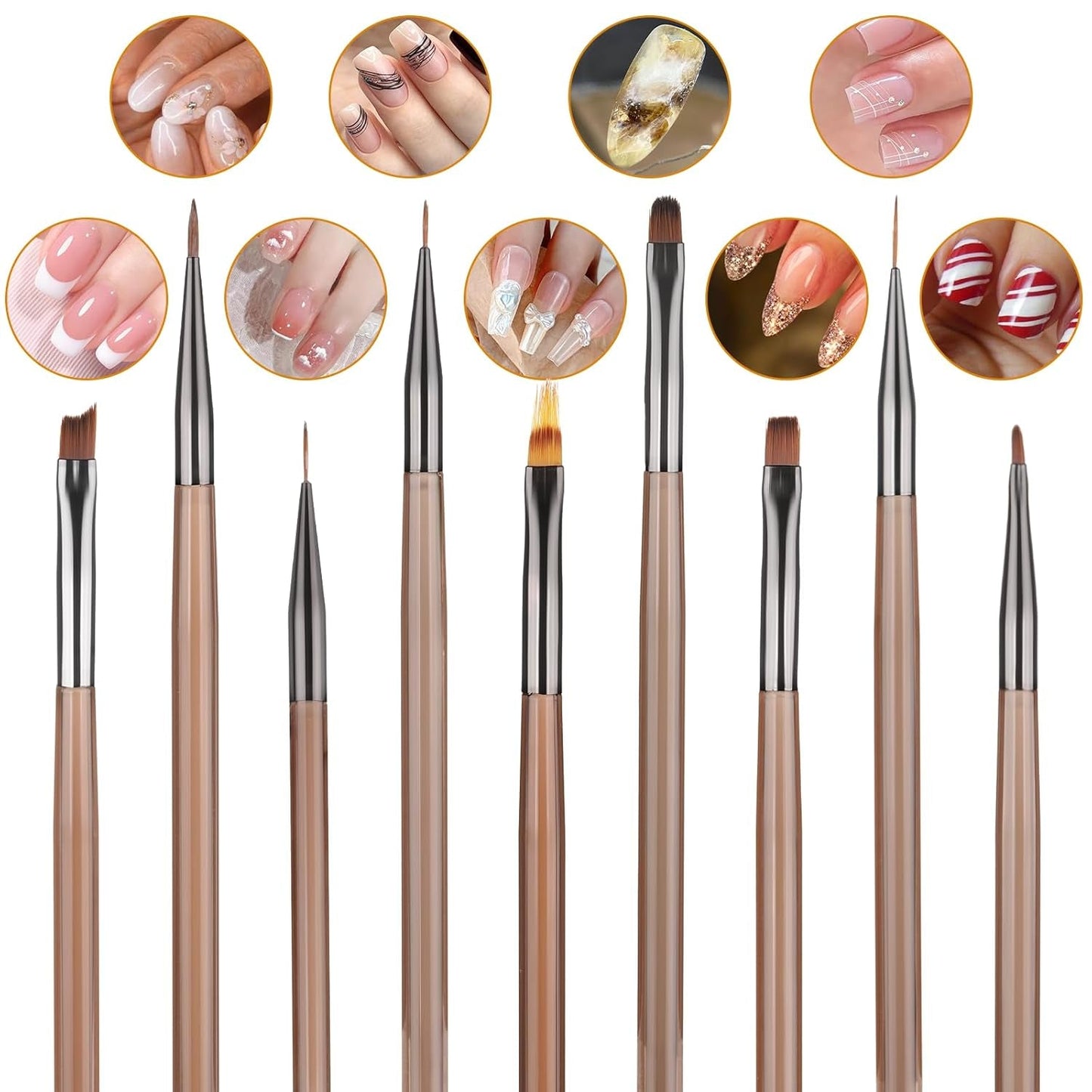 10 Stück Nailart Pinsel Set, Braun Nail Art Børster Nailart Design Pinsel Nageldesign Pinselfür Gelnägelfür Heimwerker Maniküre Salon Zuhause Nailpinsel Sæt