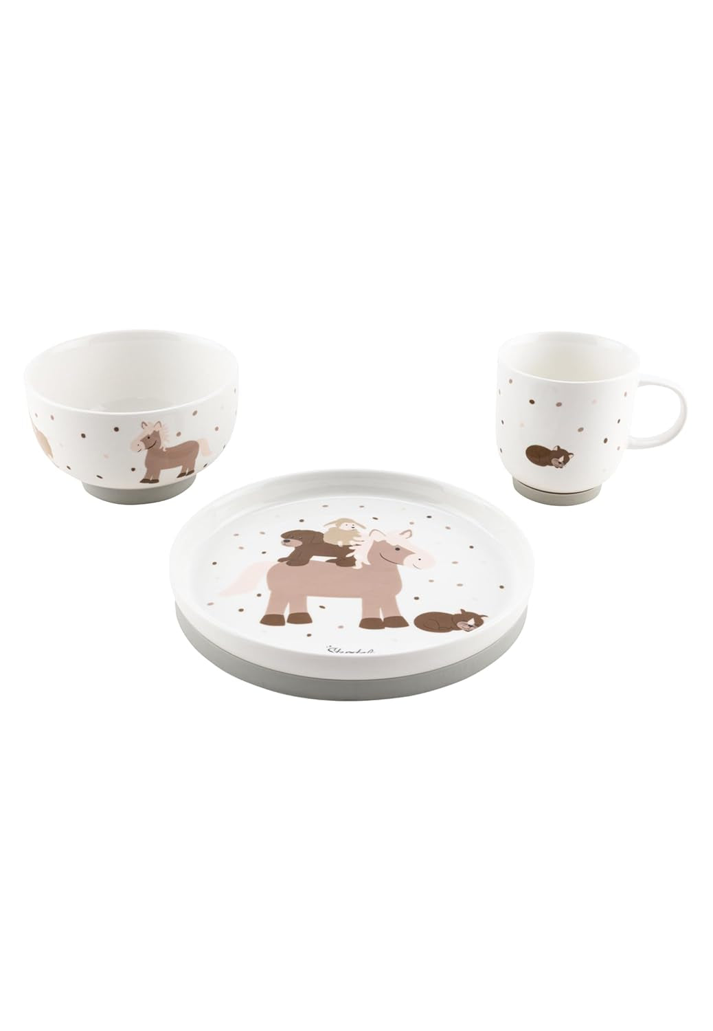 Sterntaler porcelænsstel rustikt design - skridsikker og aftagelig silikonebundt porcelænsstel - Baby & børnestel med tallerken, 400 ml skål og 200 ml krus, hvid