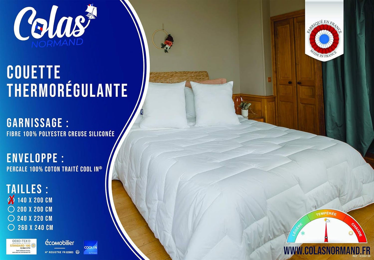 COLAS NORMAND Termoregulerende quilt, Cool In, Tempereret, 140 X 200 Cm, Sved, Optimal ventilation, 100% percale, Fresh Feel, Fransk, 53130255, Hvide Quilts og quilts Naty Shop