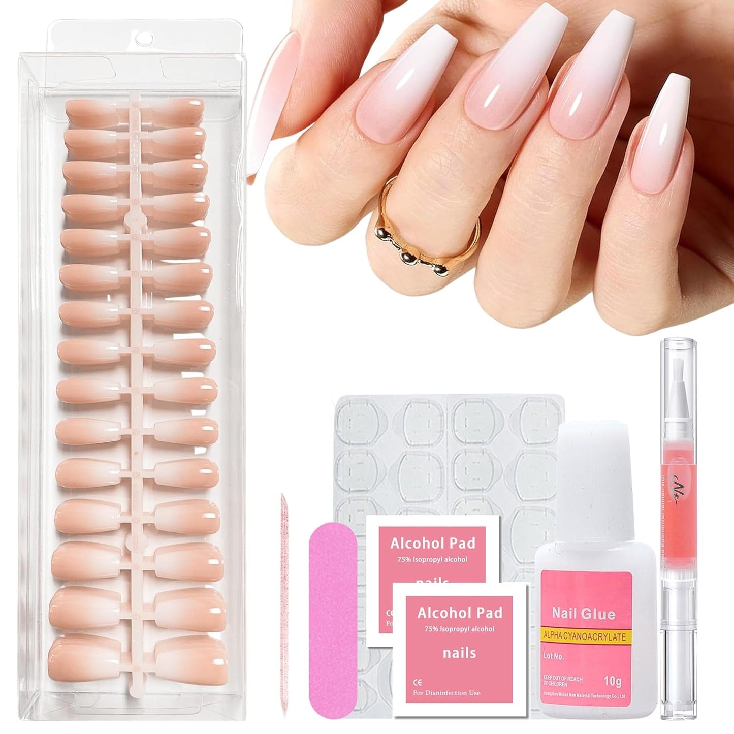 240 stk. Gradient Square Nails Set, Nude White Gradient Kunstige negle til Oil Pen Lim, Medium Ombre naturlige falske negle til kvinder DIY (Nude Square)