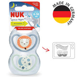Sutter NUK Space Night | 6-18 måneder | Sutter med ekstra store ventilationsåbninger, lyser i mørke | Silikone uden BPA | Ræv og Mariehøne | Pakke med 2