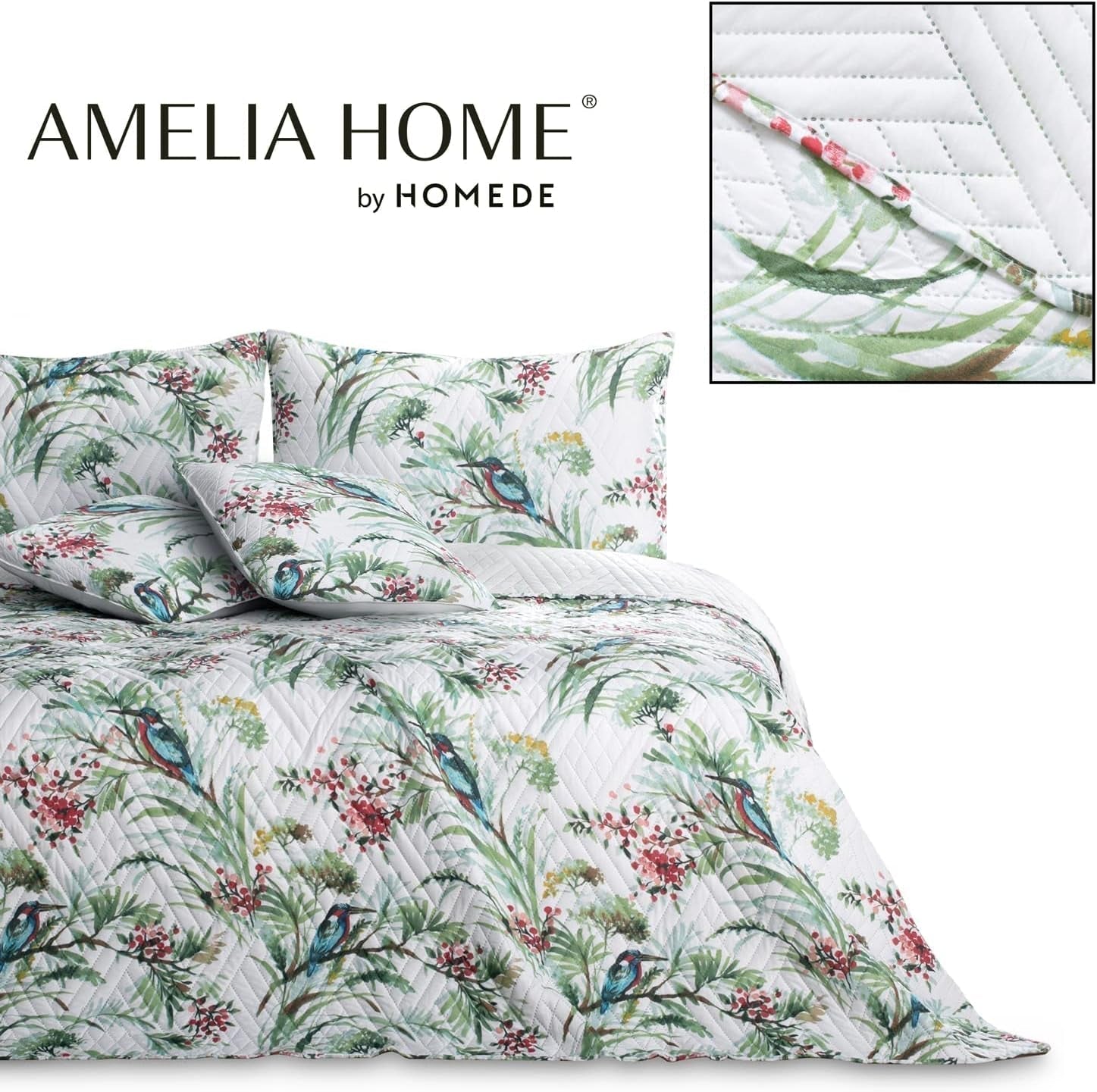Ameliahome Sengetæppe Sengetæppe 260X280 Cm Dobbeltsidet Nem pleje Quilting Plant Mønster Fuglemønster Multicolor Kingfisher Senge og tæpper Besuche den AmeliaHome-Store