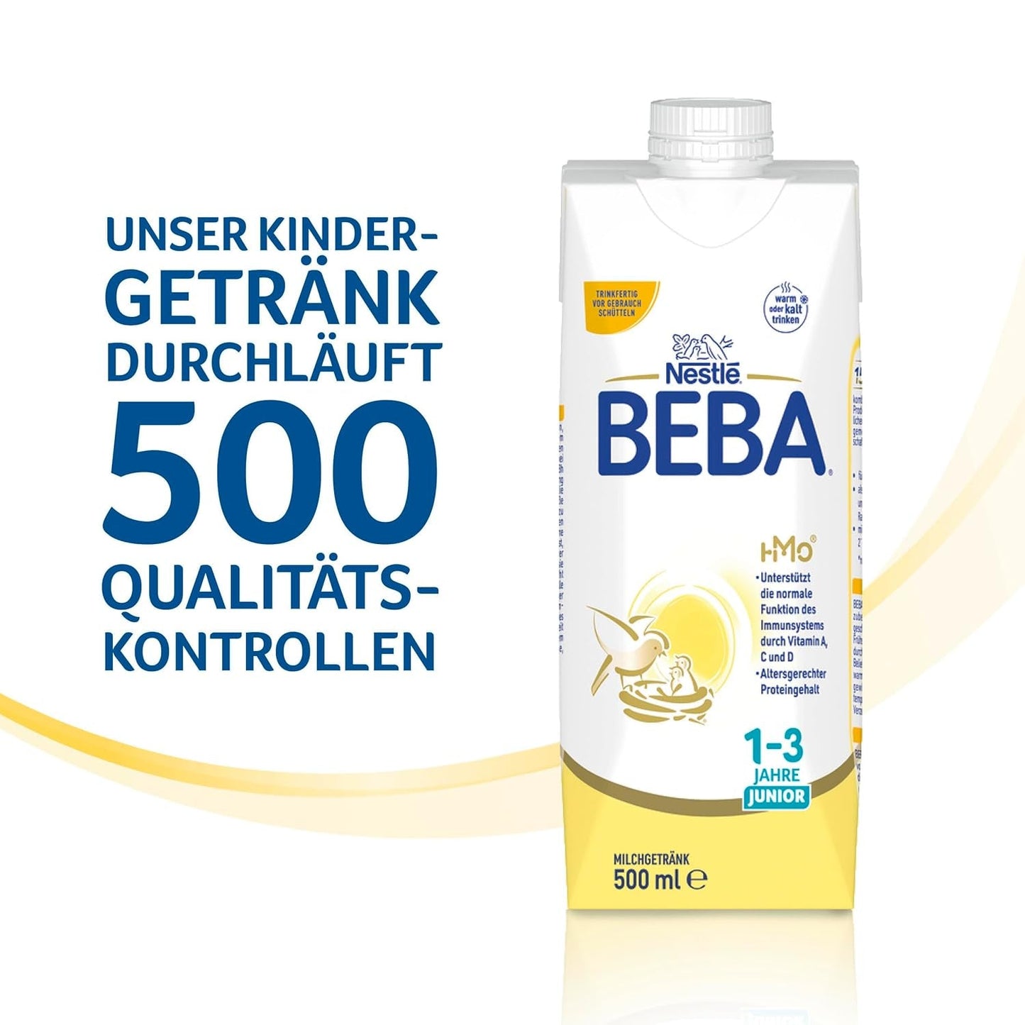 BEBA Junior drikkeklar mælkedrik 1-3 år, med HMO, aldersegnet proteinindhold, palmeoliefri, fiskeoliefri, småbørnsmad, pakke med 12 (12 x 500 ml)