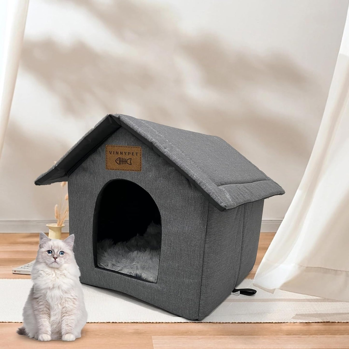 Katzenhaus Für Draußen Winterfest Wasserdicht Wetterfester Katzenhöhle Haustierhaus mit Plüschkissen Varm Hundehöhle Waschbar Hundehaus Tierheim Für Streuner Haustiere 35x30x35cm