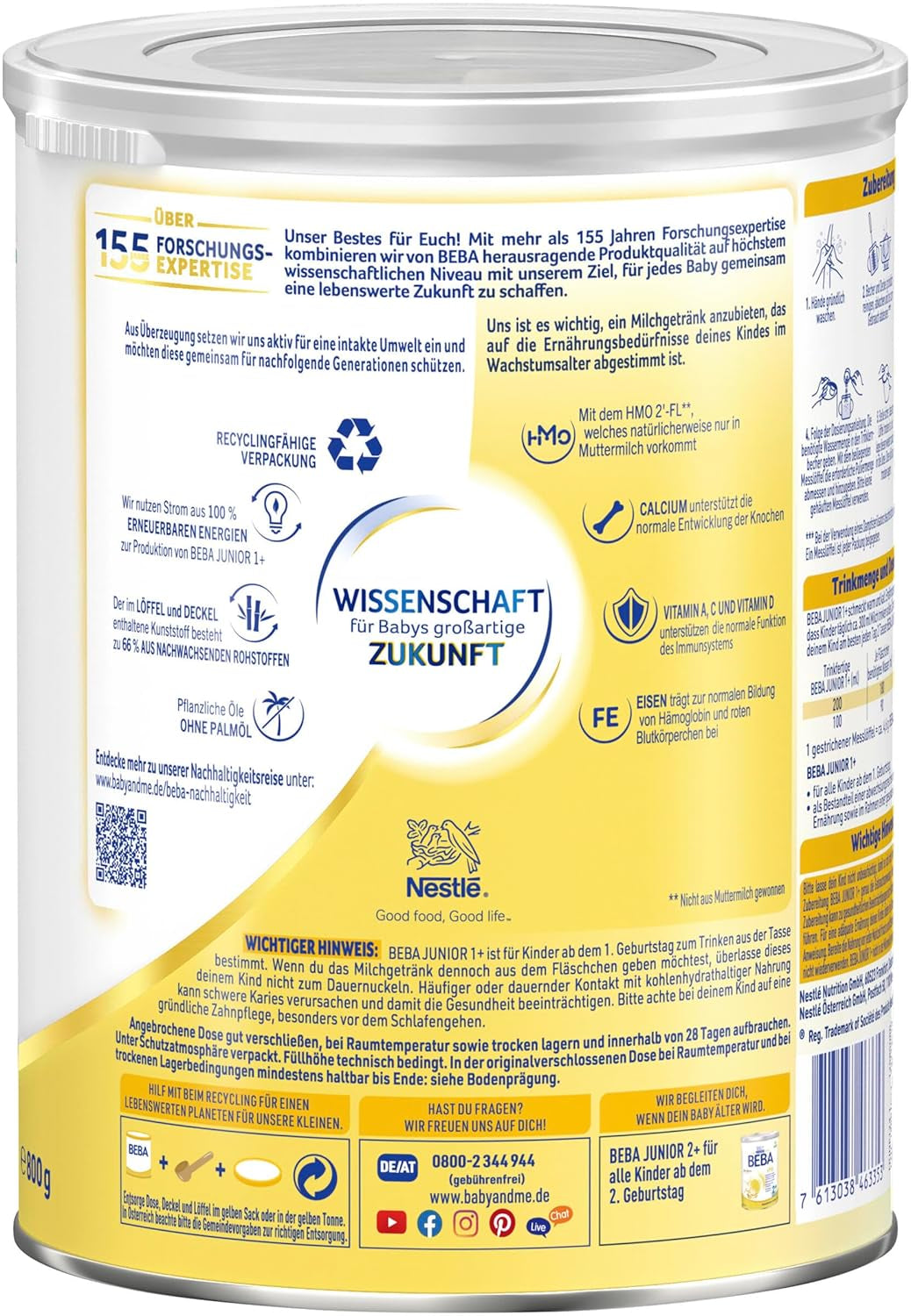 BEBA Junior 1+ mælkedrik fra 1 år, Med HMO, Alderssvarende proteinindhold, Kun laktose, Ingen palmeolie, Ingen fiskeolie, Småbørnsmad, Babymælkpulver, Pakke med 3 (3 x 800g)