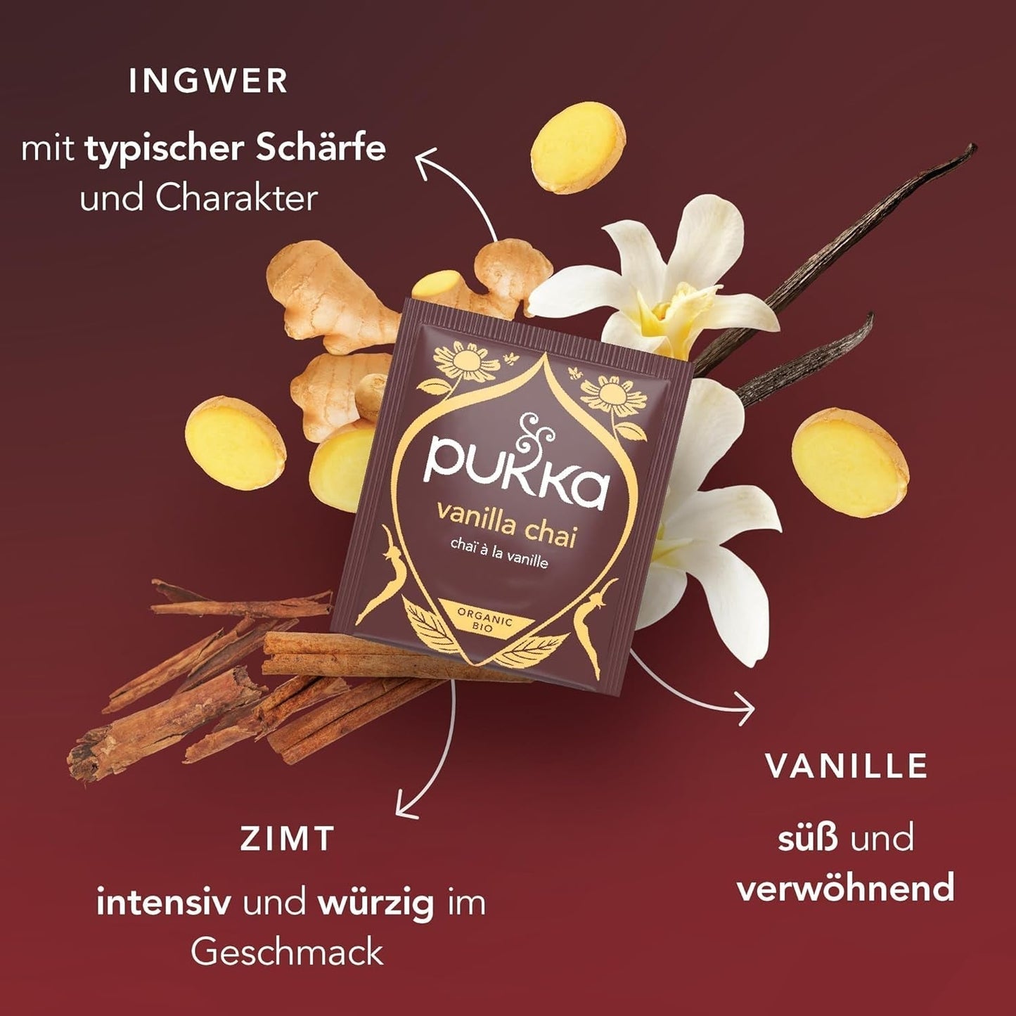 Pukka | Blanding af økologiske teer "Vanilla Chai" | Kanel, ingefær og vanilje | Te til en godbid med naturlig sødme | Pakke med 1 | 20 teposer