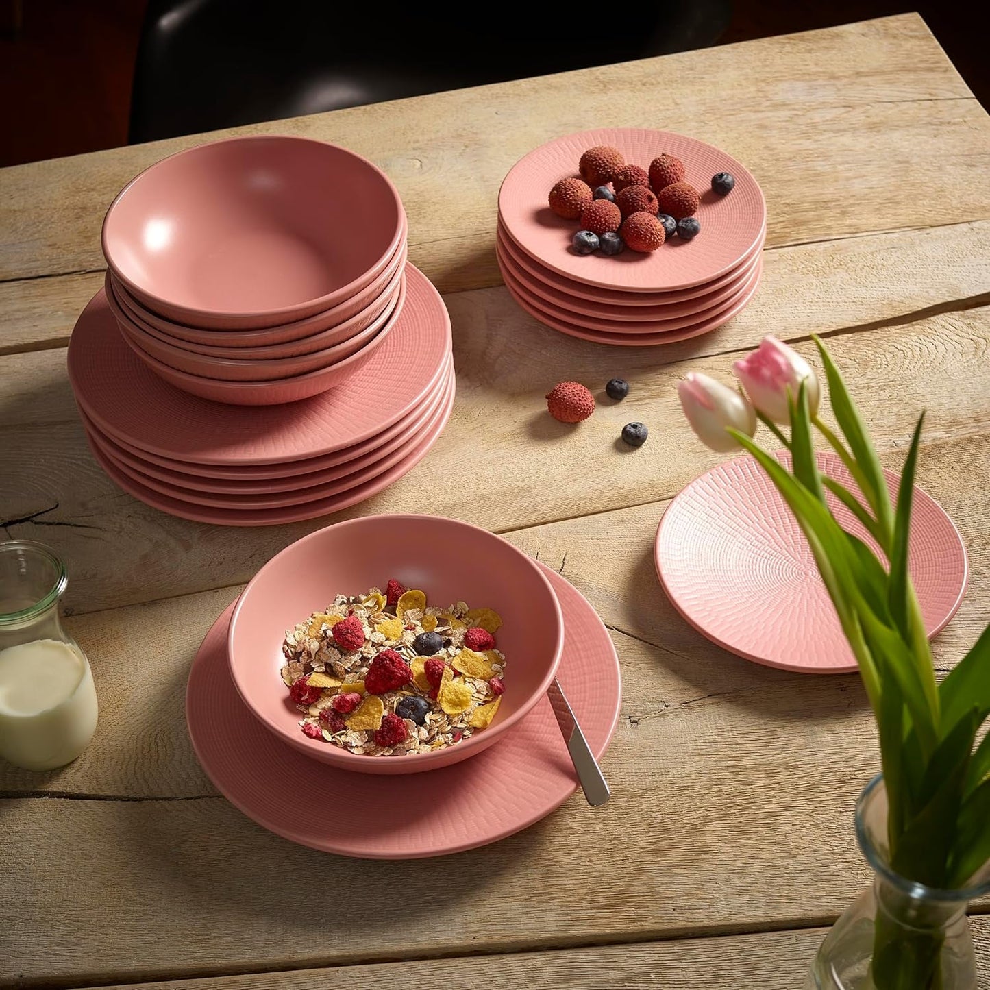 ECHTWERK Vintage servisesæt 12 dele naturligt design "Blanka" 4 personers elegant tekstureret stentøjsstel med 4 middagstallerkener 4 sidetallerkener 4 middagstallerkener Pink