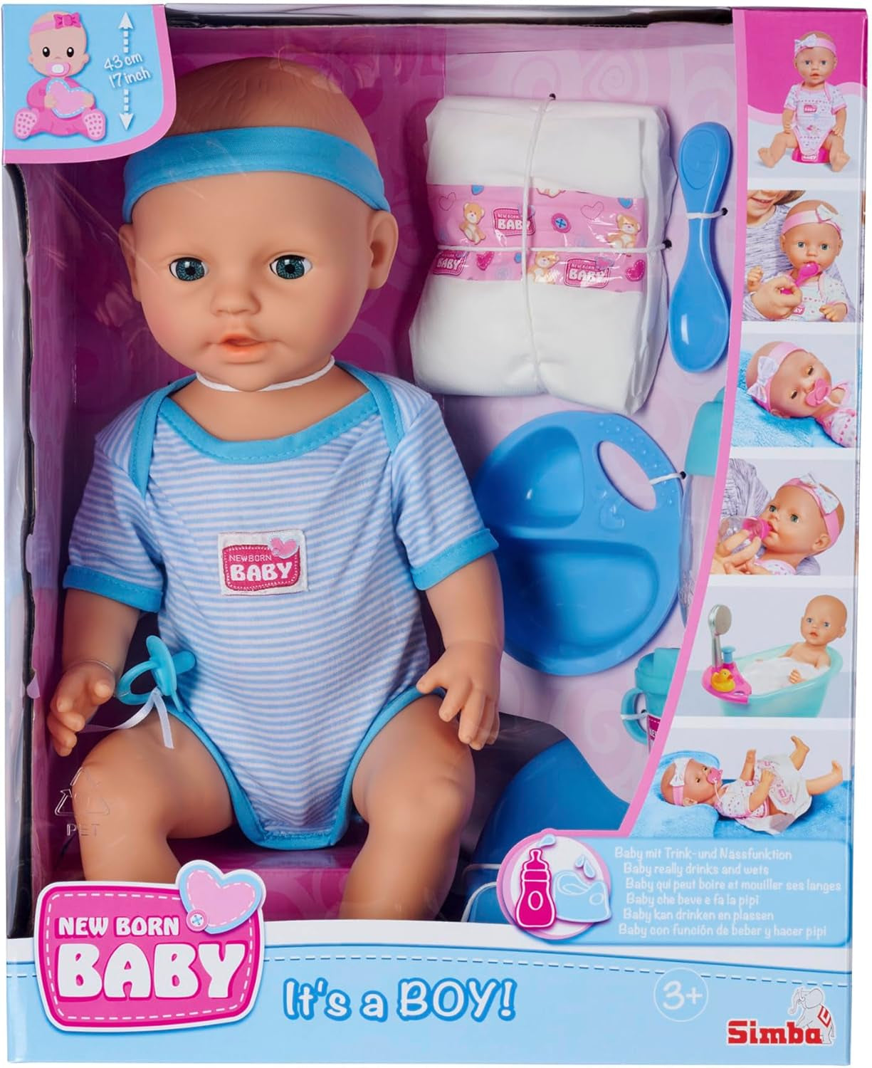 Simba 105030044 - Nyfødt dukke - dreng, fuld vinyldukke med sovende øjne, drikke- og befugtningsfunktion og tilbehør, 8 stykker, 43 cm, babydukke, 3+
