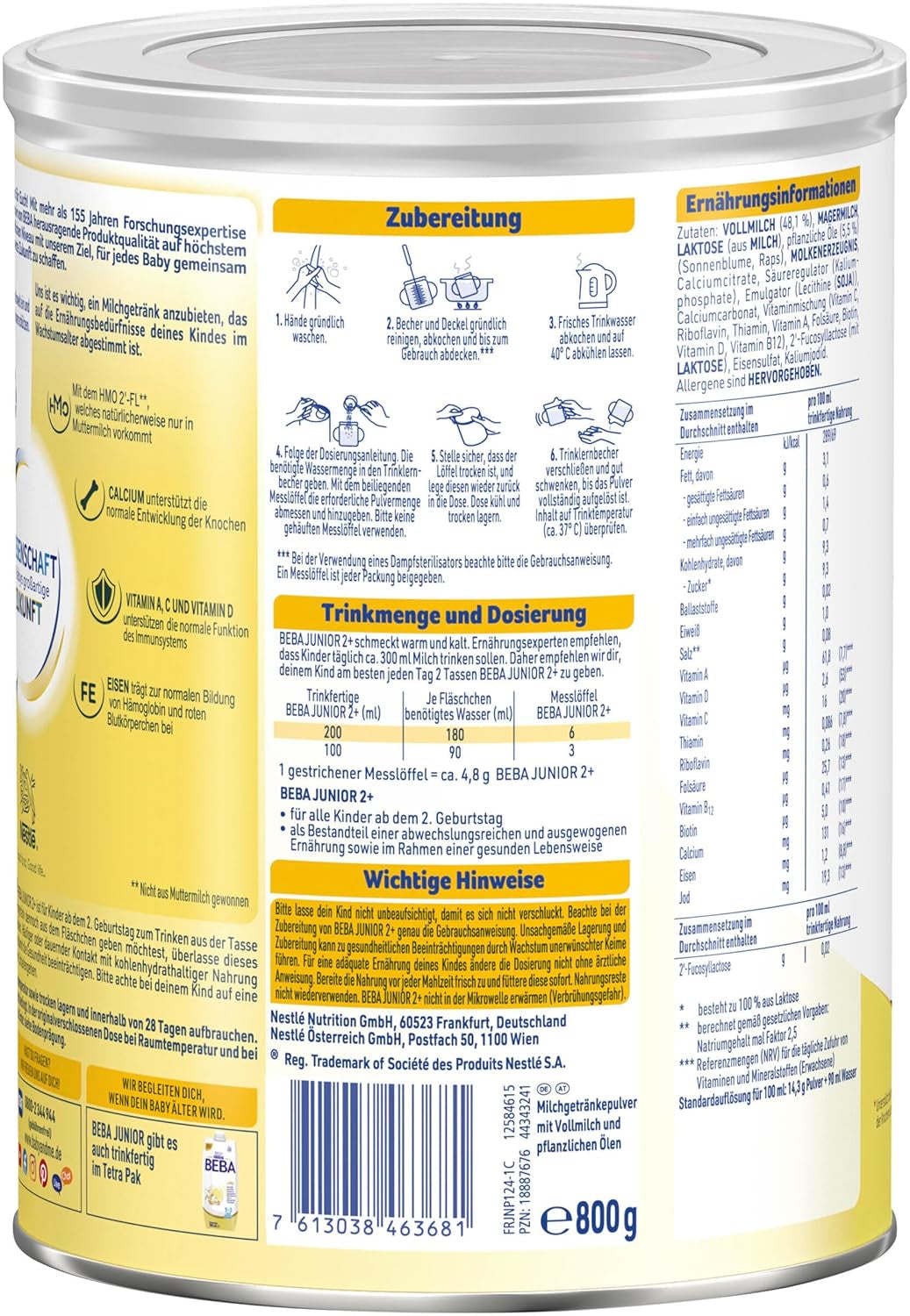 BEBA Junior 2+ mælkedrik fra 2 år, Med HMO, Alderssvarende proteinindhold, Kun laktose, Ingen palmeolie, Ingen fiskeolie, Småbørnsmad, Babymælkpulver, Pakke med 3 (3 x 800g)