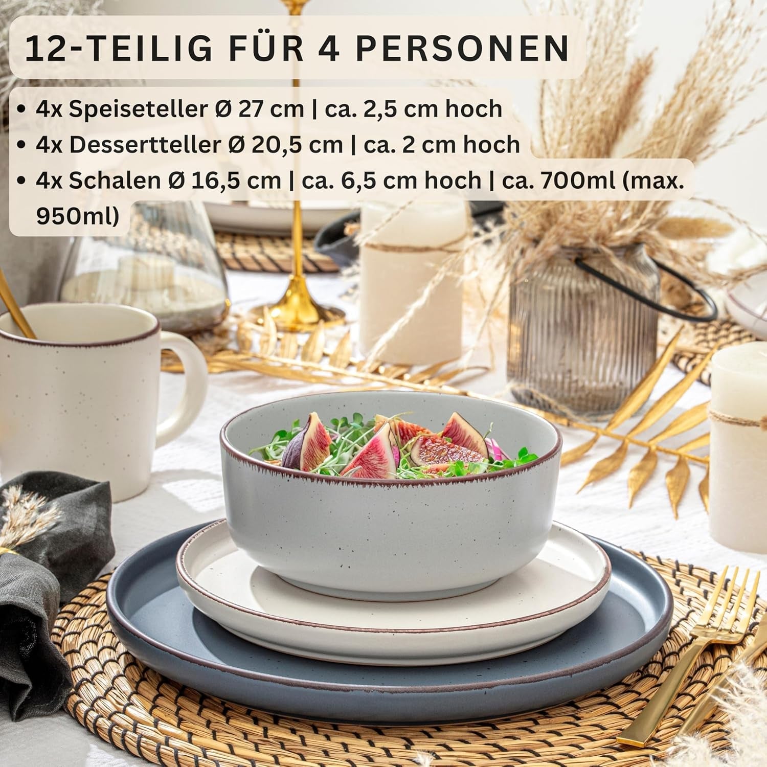 SÄNGER Bombay Moonlight | 12 dele keramisk spisestel til 4, 4 middagstallerkener, 4 desserttallerkener, 4 skåle, assorterede farver | VÆRDIINDSAMLING