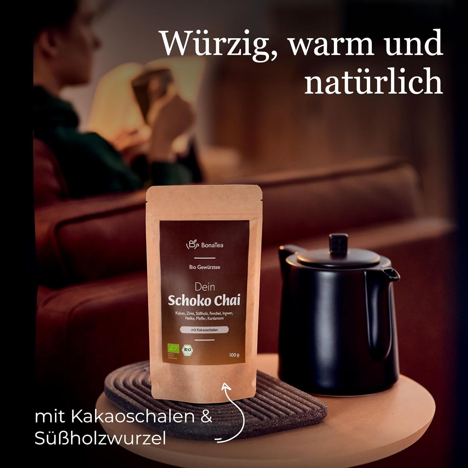 BIO Schoko Chai krydret te uden sukker, med kakaobælge, kanel, lakrids og andre aromatiske Chai-krydderier, 100 g