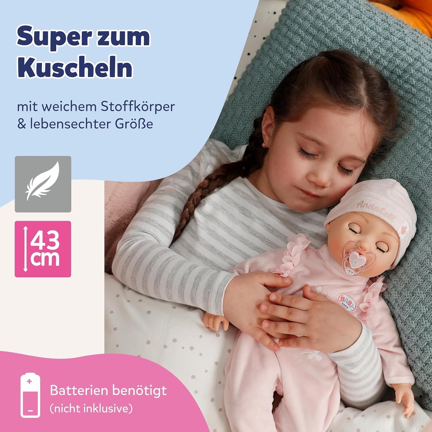 BABY Born Annabell 43 cm - Blød dukke med 7 elektroniske funktioner og lyd - Velegnet til børn fra 3 år og opefter - Dukken inkluderer tilbehør - Kræver batterier