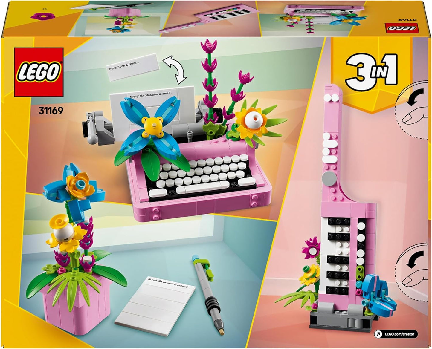 LEGO Creator 3In1 skrivemaskine med blomster - ombyggeligt legetøj til en Keytar-model eller til en urtepotte med notesbog og kuglepen - byggesæt - gave til piger og drenge fra 8 år 31169 Byggesæt Besuche den LEGO-Store