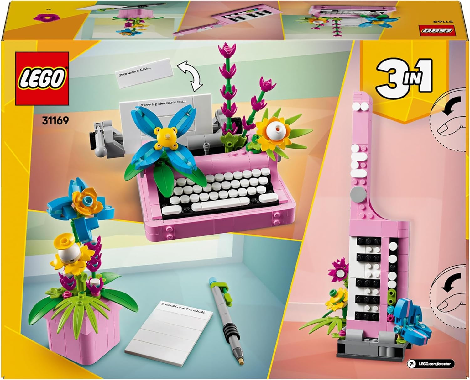 LEGO Creator 3In1 skrivemaskine med blomster - ombyggeligt legetøj til en Keytar-model eller til en urtepotte med notesbog og kuglepen - byggesæt - gave til piger og drenge fra 8 år 31169 Byggesæt Besuche den LEGO-Store