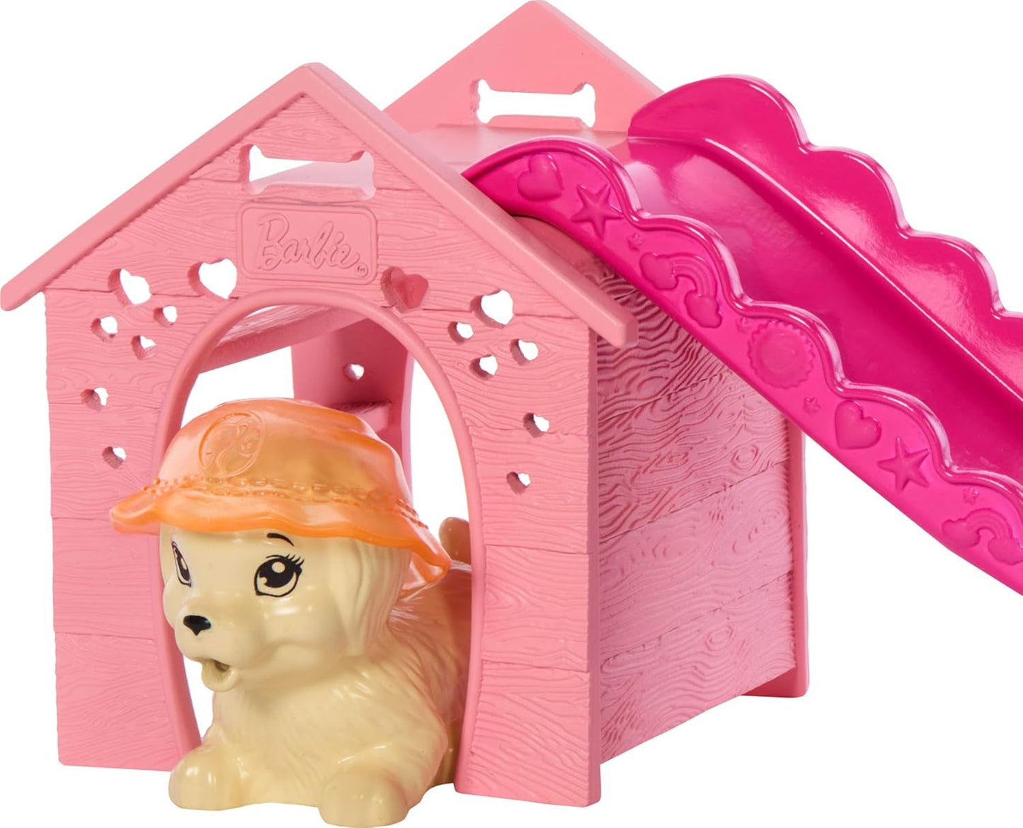 Barbie Puppy Pool Party Legesæt med modedukke, hundehus og rutsjebane, hjertepool, 2 hundefigurer, 6 tilbehør og farveskifter, JBF35