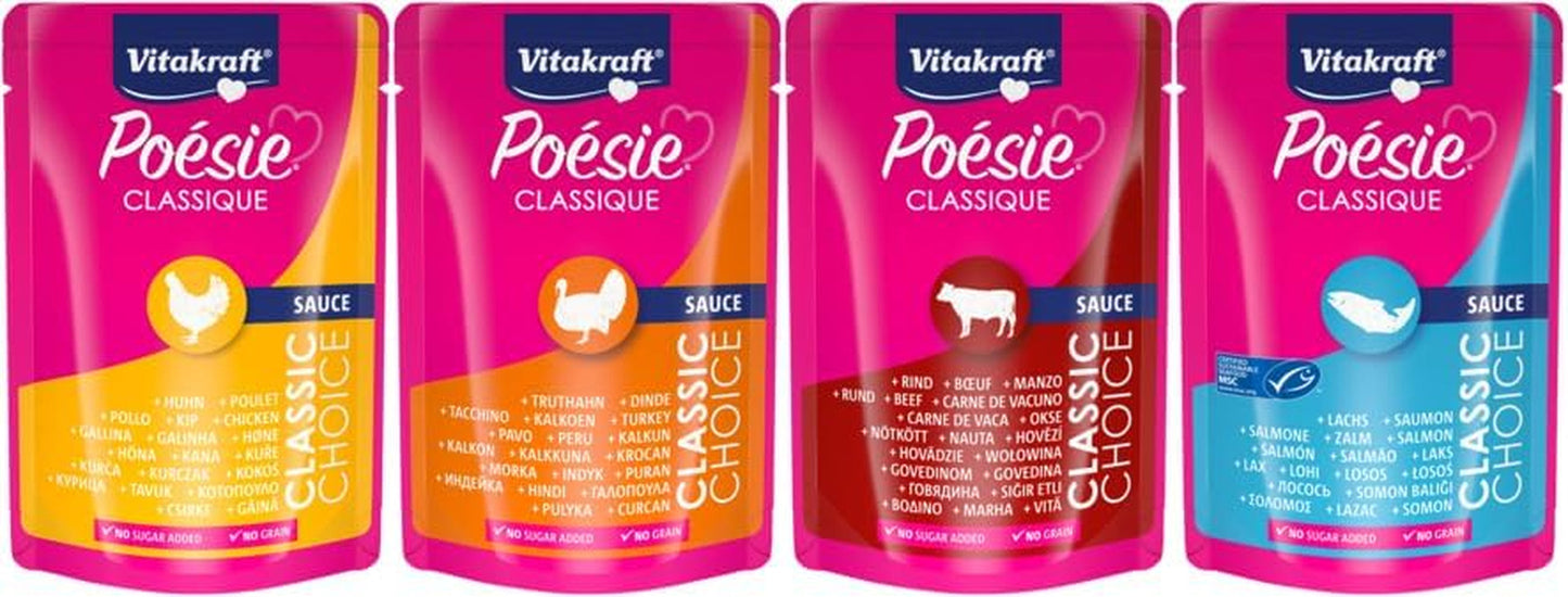 Vitakraft Poésie Classique, våd kattefoder, kattefoder i sauce, med kylling, med kalkun, med oksekød, med laks, uden tilsat sukker og korn (1 pakke á 12 x 85 g)