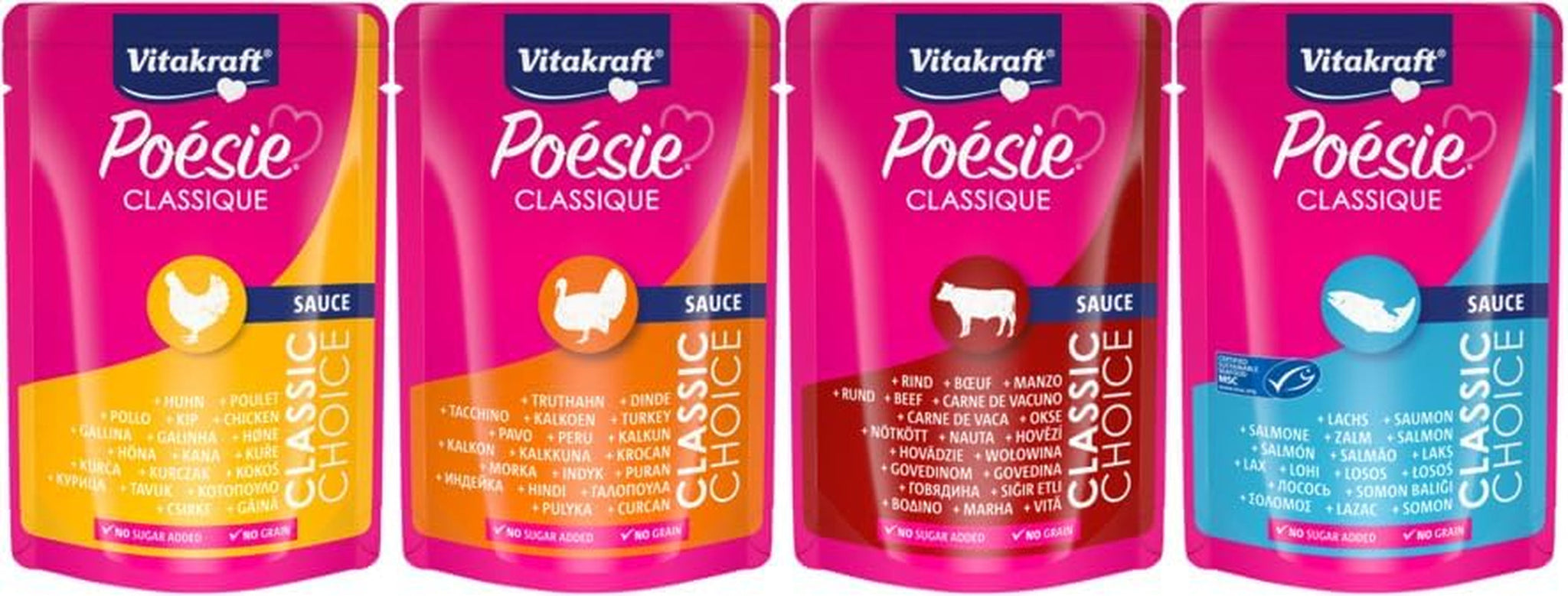 Vitakraft Poésie Classique, våd kattefoder, kattefoder i sauce, med kylling, med kalkun, med oksekød, med laks, uden tilsat sukker og korn (1 pakke á 12 x 85 g)