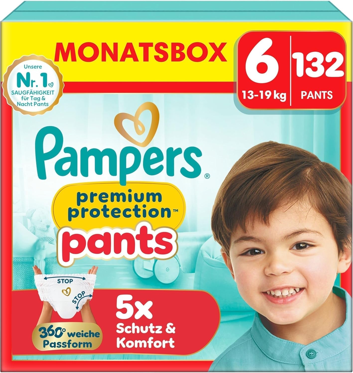 Pampers Premium Protection Pants Str. 7, 123 Bleer, 15 kg+, med 360° justering og bløde anti-lækage manchetter for optimal komfort og beskyttelse