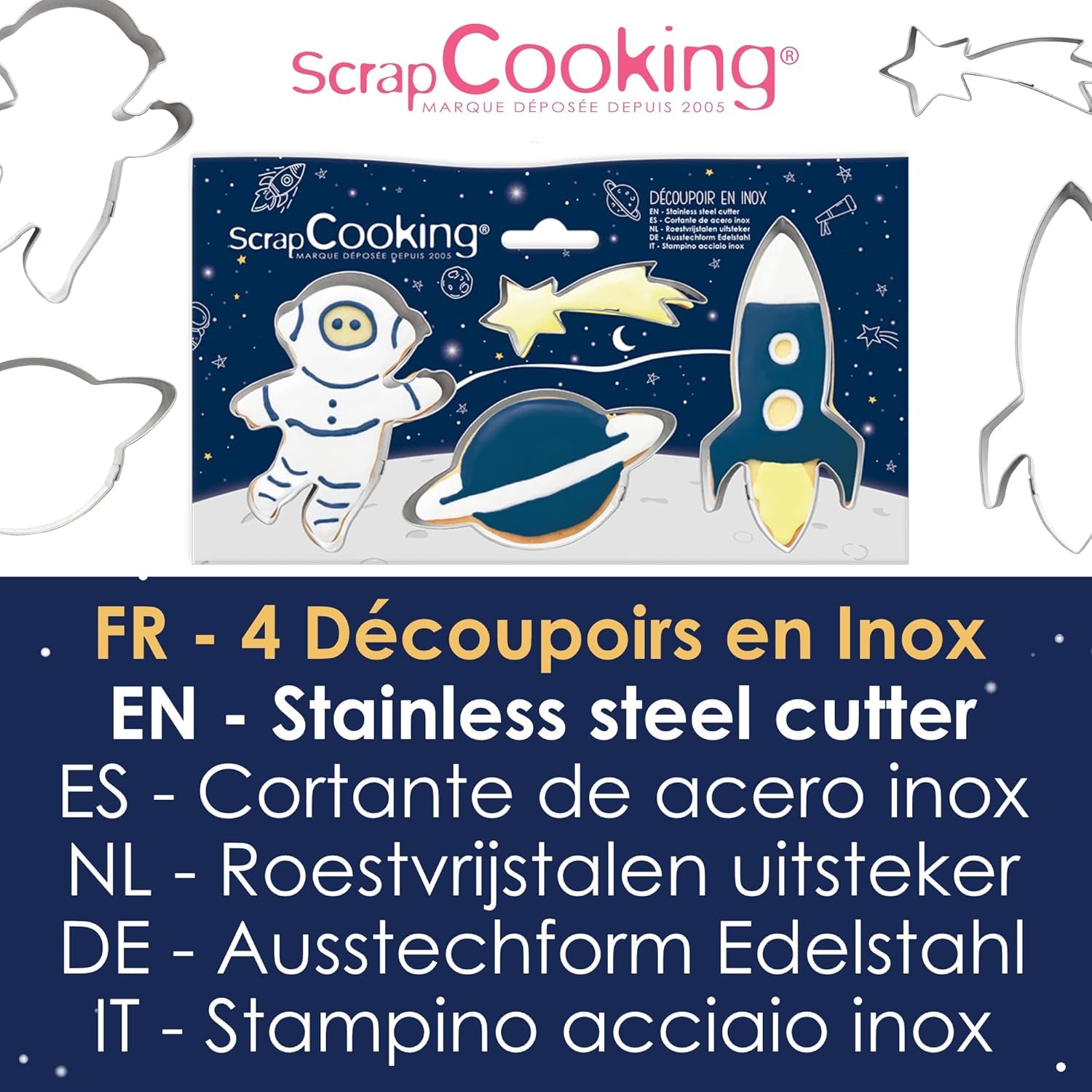 ScrapCooking – 4 Ausstechformen für Plätzchen, aus Edelstahl – Astronaut, Sternschnuppe, Rakete, Planeten – Formen für kleine Kuchen – Zubehör zum Backen Geburtstag Deko – 2084