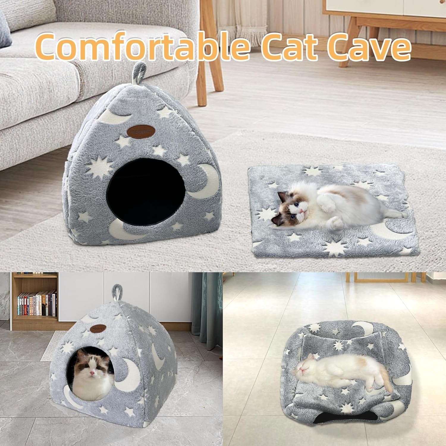 Katzenhöhle Plüsch Katzenhaus mit Waschbarem Kissen Faltbare Katzenzelt Höhle med Håndtag Weiches og Warmes Katzenbett für Drinnen 33x33x35cm