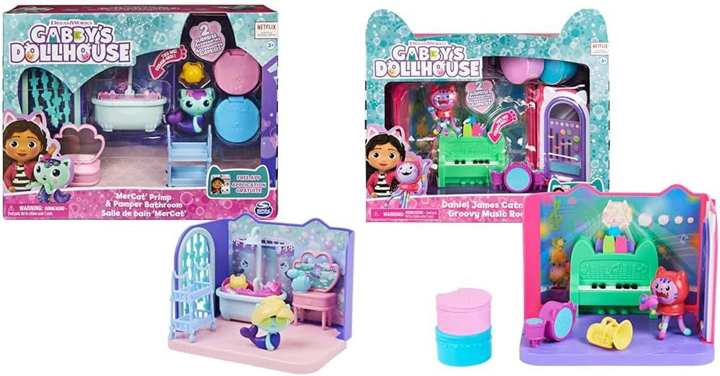 Gabby's Dollhouse Deluxe Room, Groovy Music Room og Deluxe Room, Elegant Pampering Bath, Sea Kitten Bath