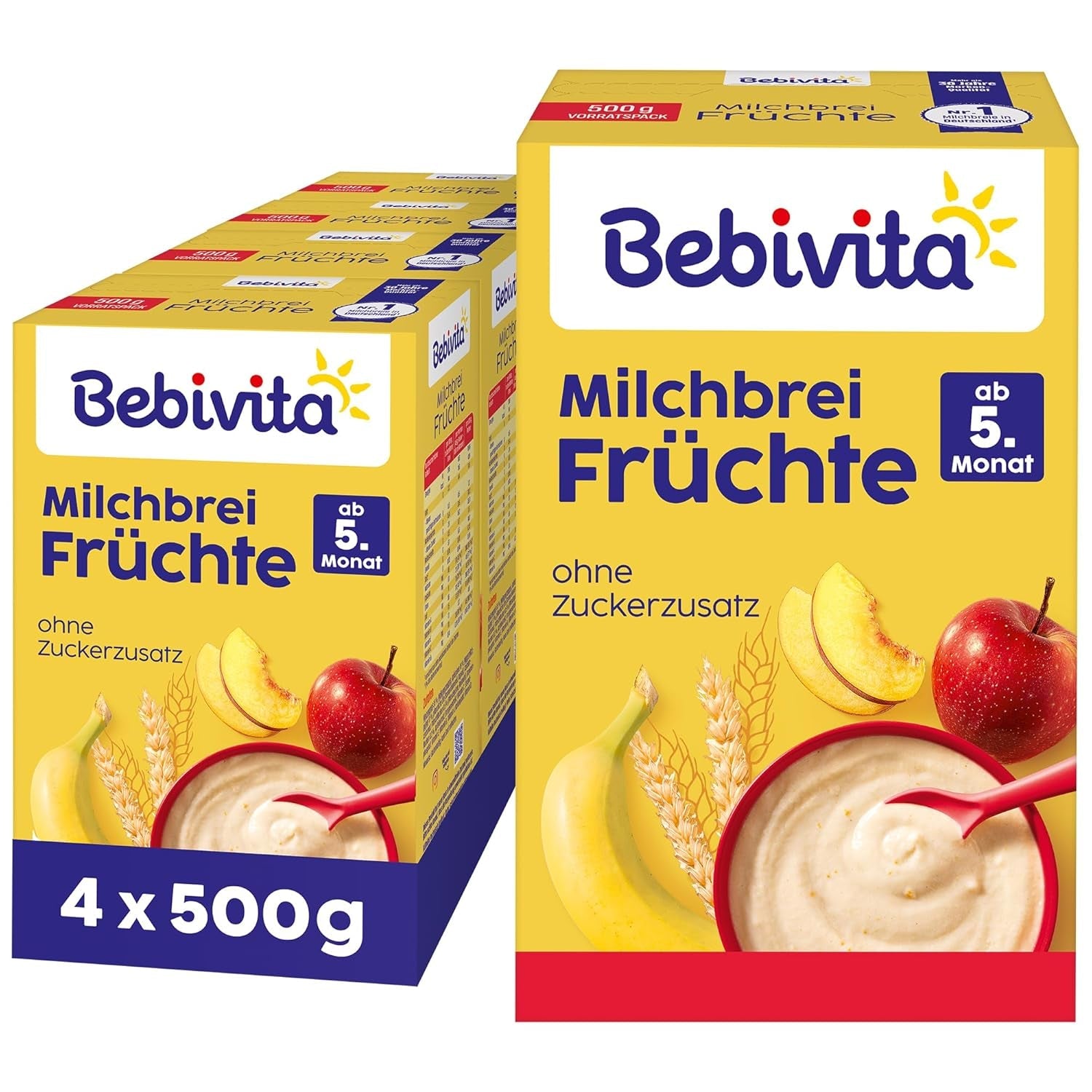 Mælkegrød med frugt (4x500g), fra 5 måneder, uden tilsat sukker, med værdifulde mineraler og vitaminer, meget mættende