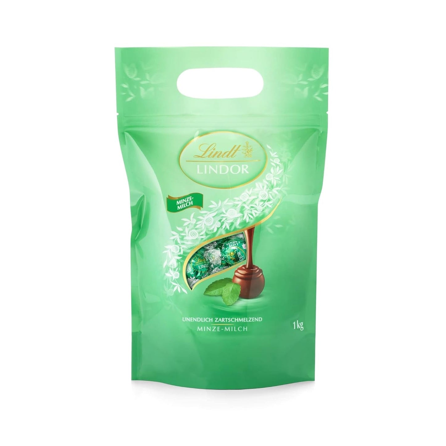 LINDOR hvide chokoladekugler, 1 kg og LINDOR | 1 kg genlukkelig pose | ca. 80 mælkechokoladekugler med myntefyld | Bulkpakke, pralinegave, chokoladegave