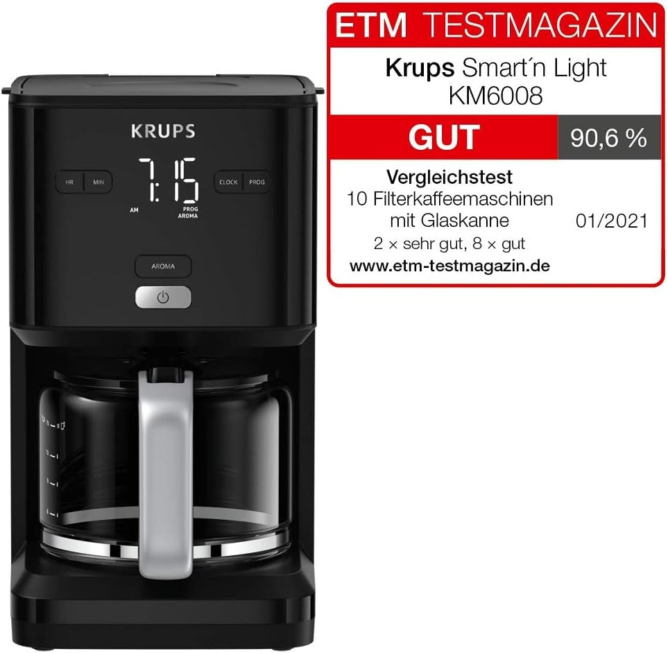 Krups Smart'n Light kaffemaskine med timer, til 1,25 liter filterkaffe, holde varm funktion, automatisk sluk, sort, KM600810