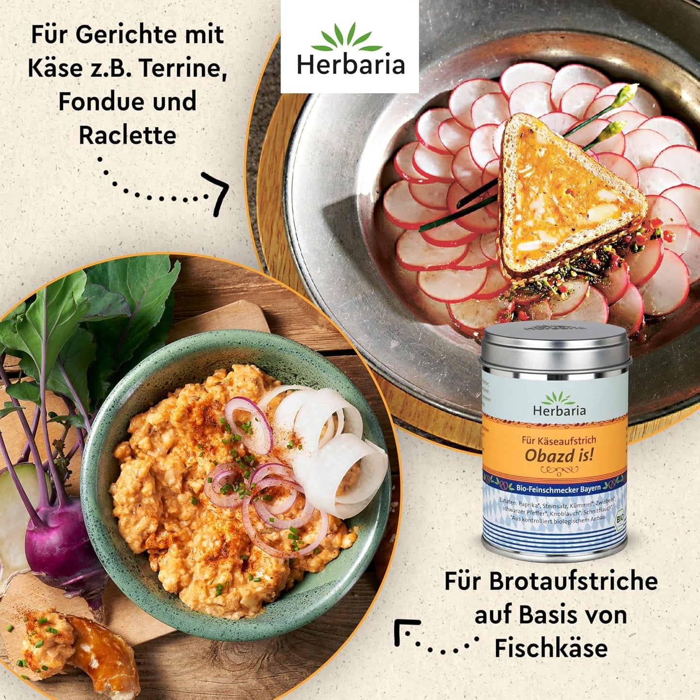 Herbaria Obazd er! bio 90g M-Dose – Bio-Gewürzmischung bayerischen Biergartenklassiker Obazda – for Brotaufstriche, Käsegerichte, Käsefondue – Raclette Gewürz - i nachhaltiger Aromaschutz-Dose