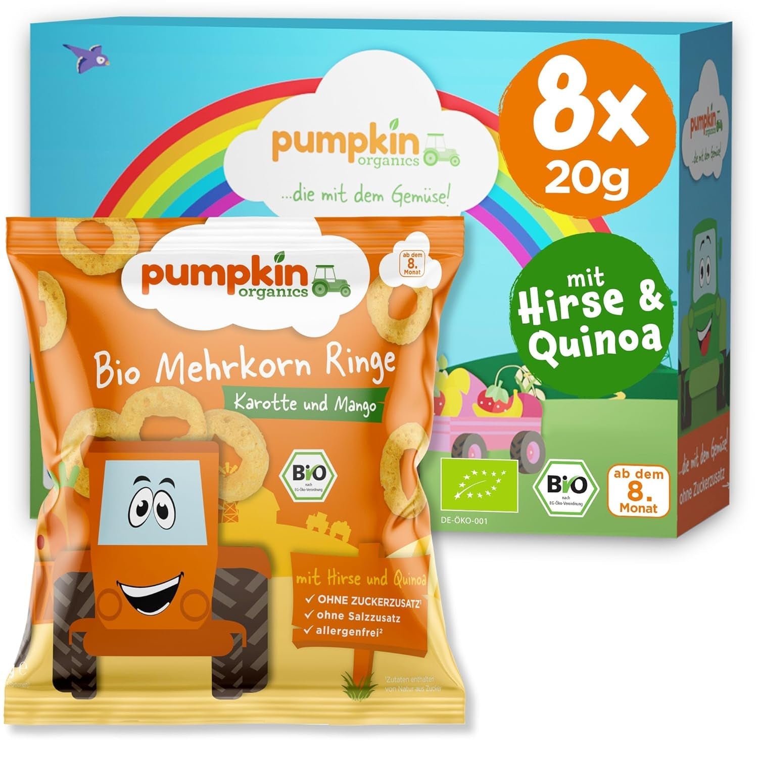 Pumpkin Organics Baby flerkornede gulerods- og mangoringe (pakke med 8) Additivfri babysnacks fra 12 måneder - Allergenfri² og glutenfri³ sprøde babysnacks (8 x 20 g)
