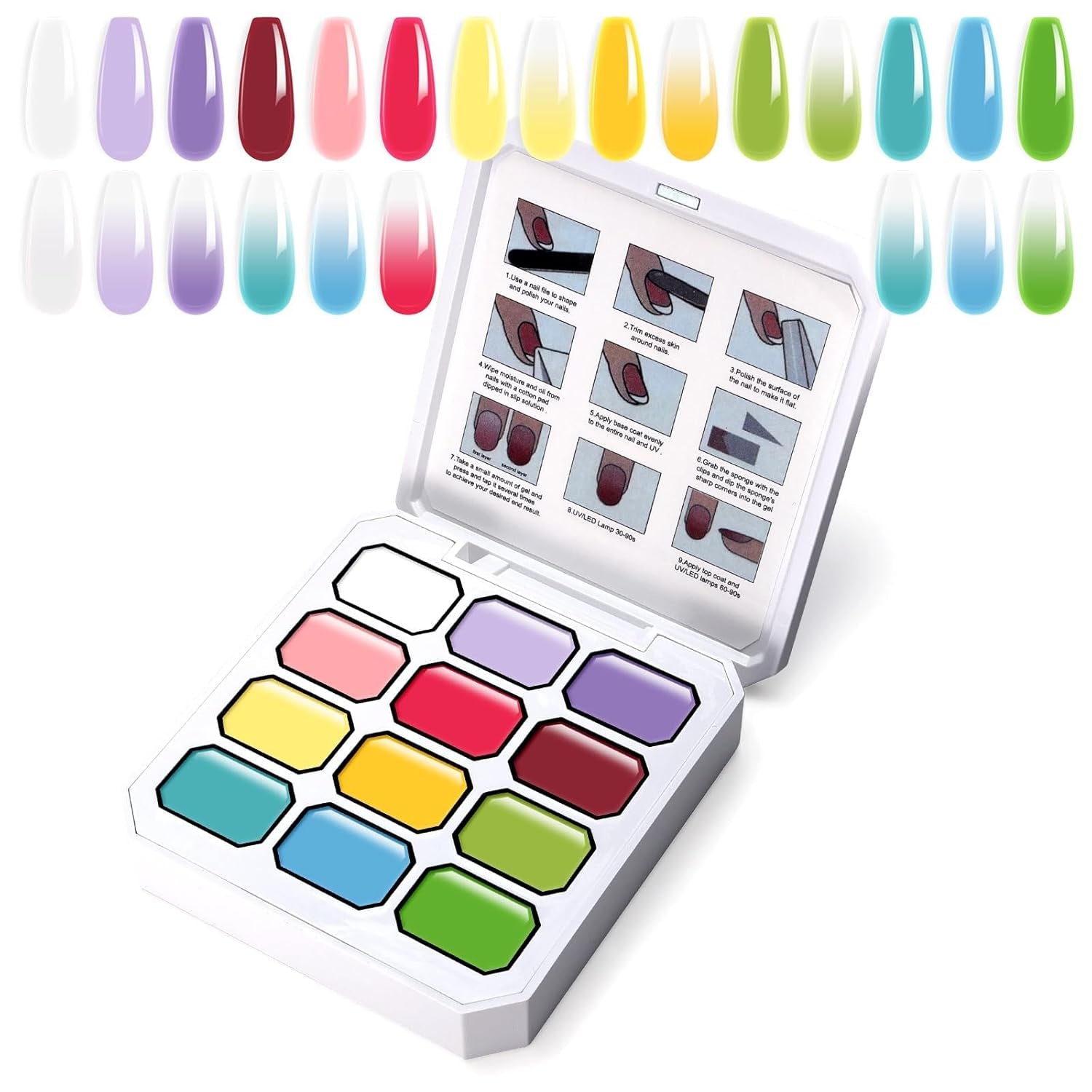 Gradient Painting Gel, 12 farver Ombre Gel neglelak med 100 stk. neglesvampe & 4 kløer metalgrabber til fransk manicure DIY neglekunst, sæt I