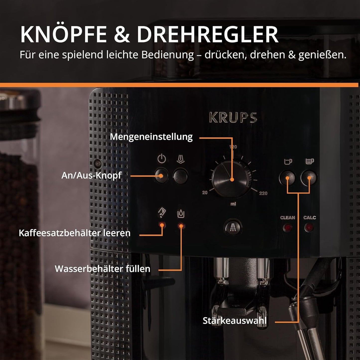 KRUPS Arabica Picto automatisk espressomaskine, kompakt design, nem at bruge, intuitiv justerbar drejekontrol, mælkeskummer, 2-kops funktion, espressomaskine, sort, EA810870