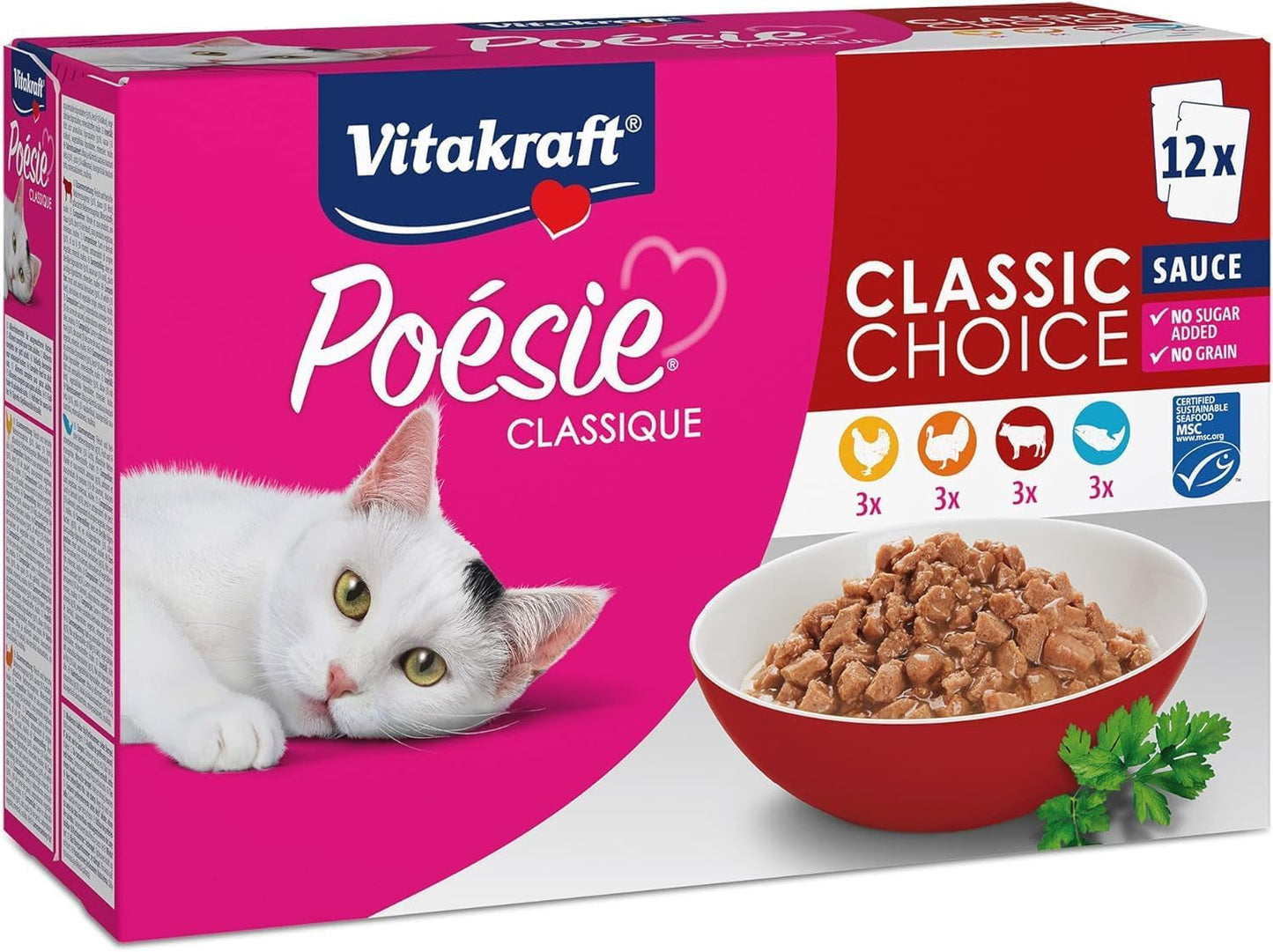 Vitakraft Poésie Classique, våd kattefoder, kattefoder i sauce, med kylling, med kalkun, med oksekød, med laks, uden tilsat sukker og korn (1 pakke á 12 x 85 g)